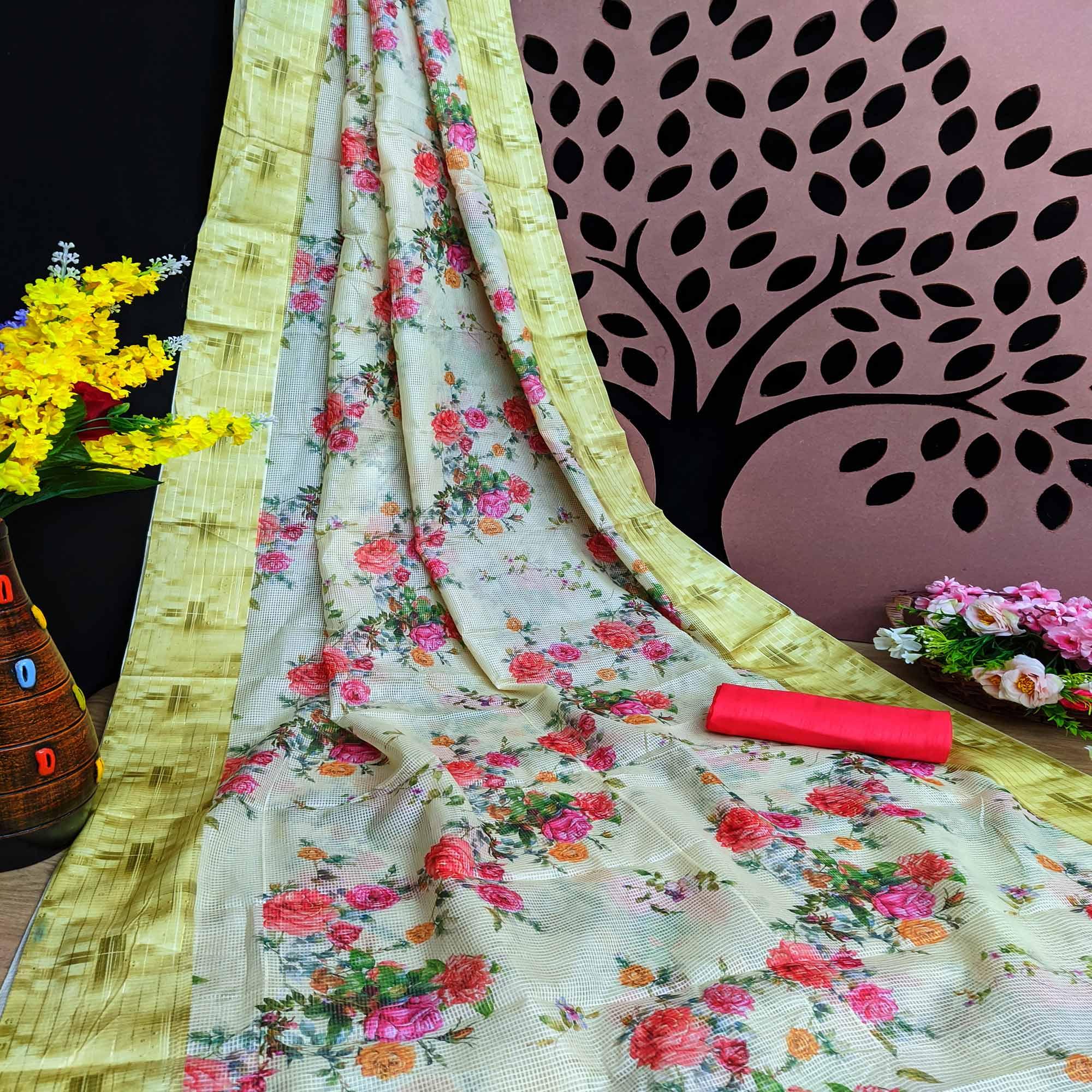 Lemon-Green Festive Wear Floral Digital Print With Woven Border Silk Saree - Peachmode