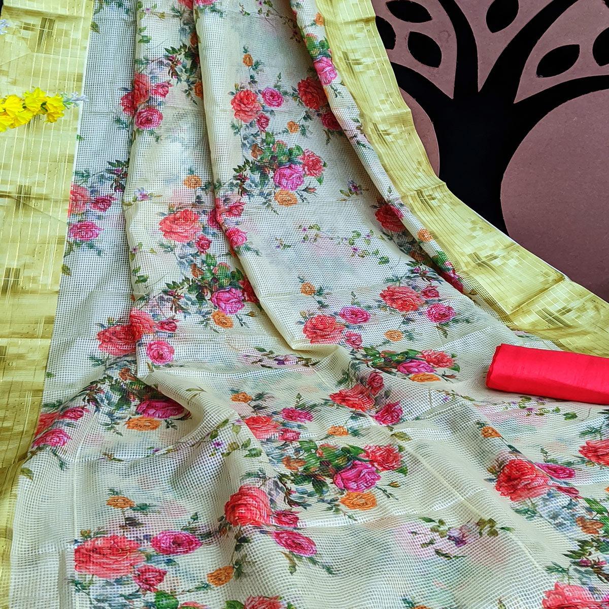 Lemon-Green Festive Wear Floral Digital Print With Woven Border Silk Saree - Peachmode