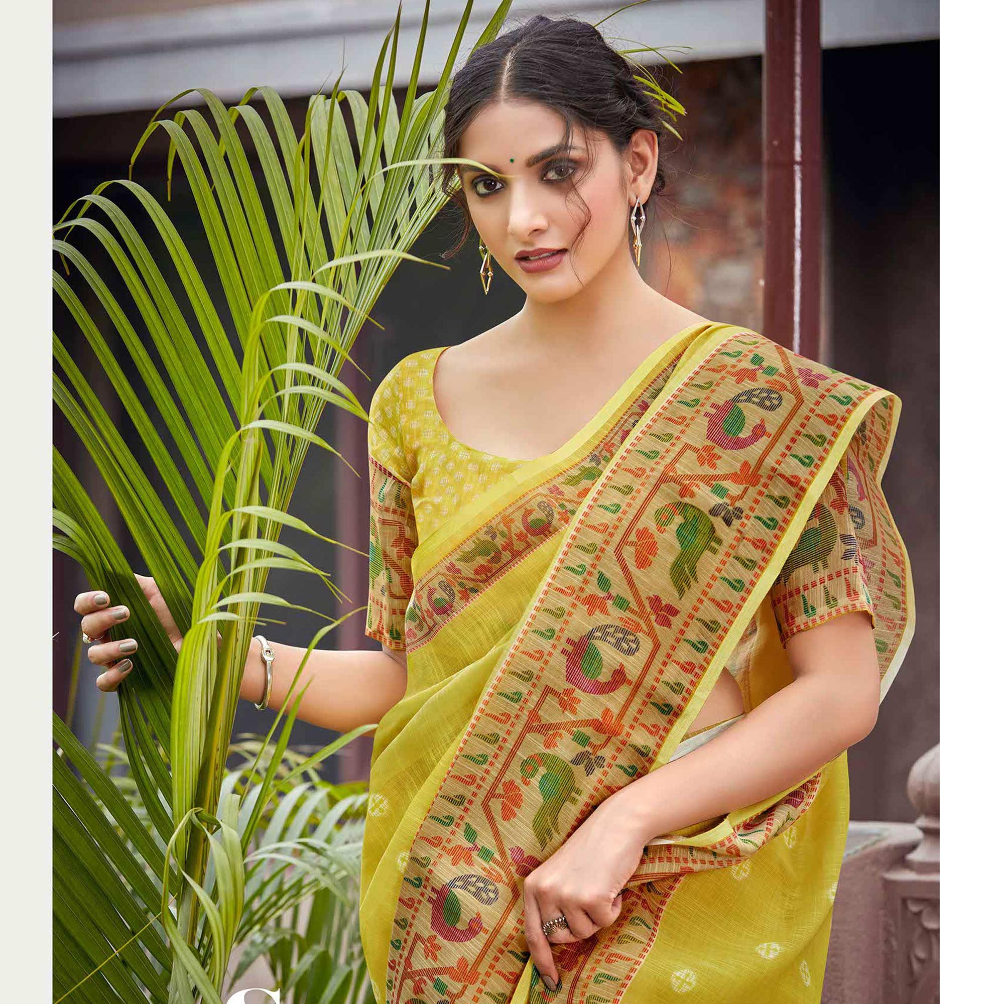 Lemon Green Festive Wear Printed Linen Saree With Border - Peachmode