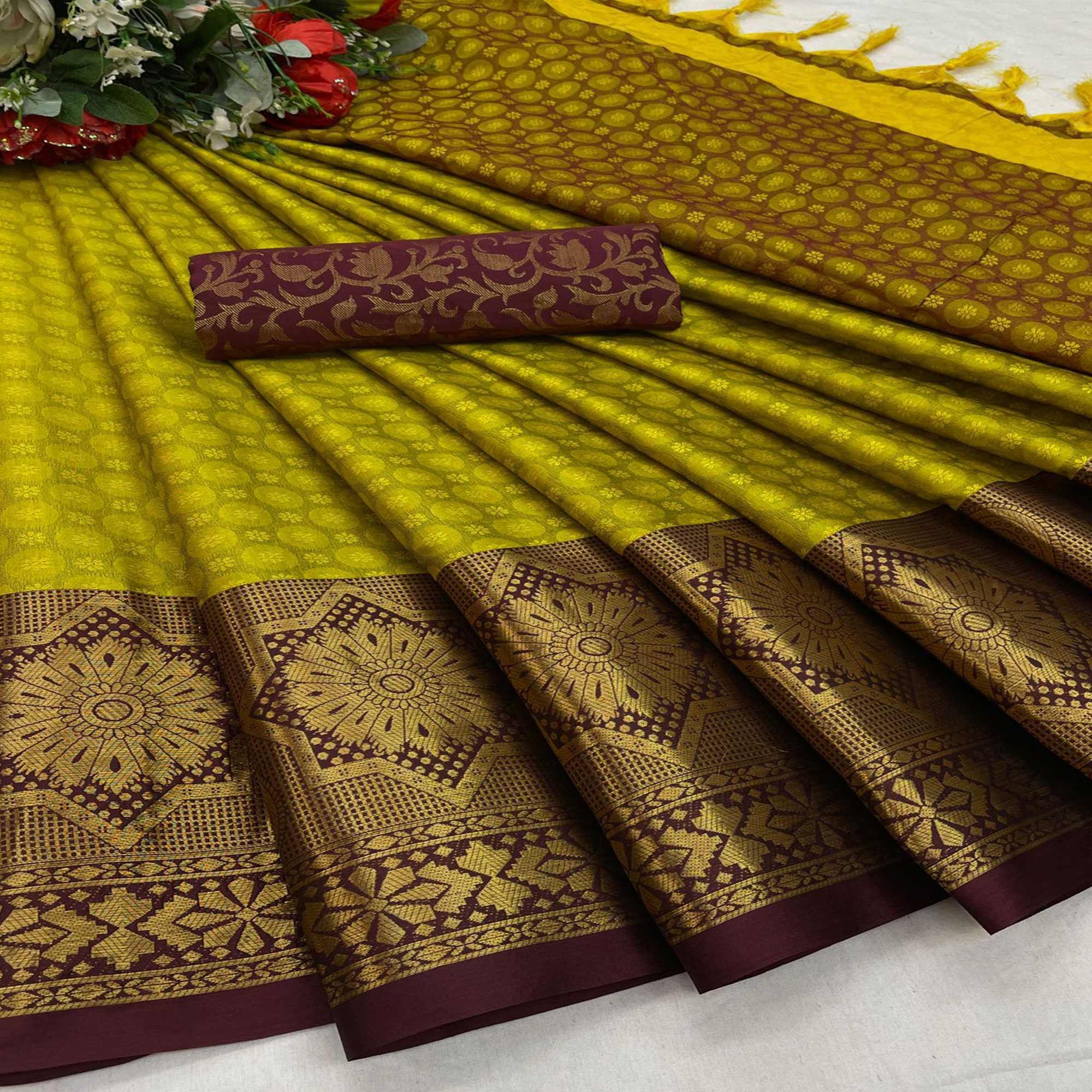 Lemon Green Festive Wear Woven Cotton Silk Saree - Peachmode