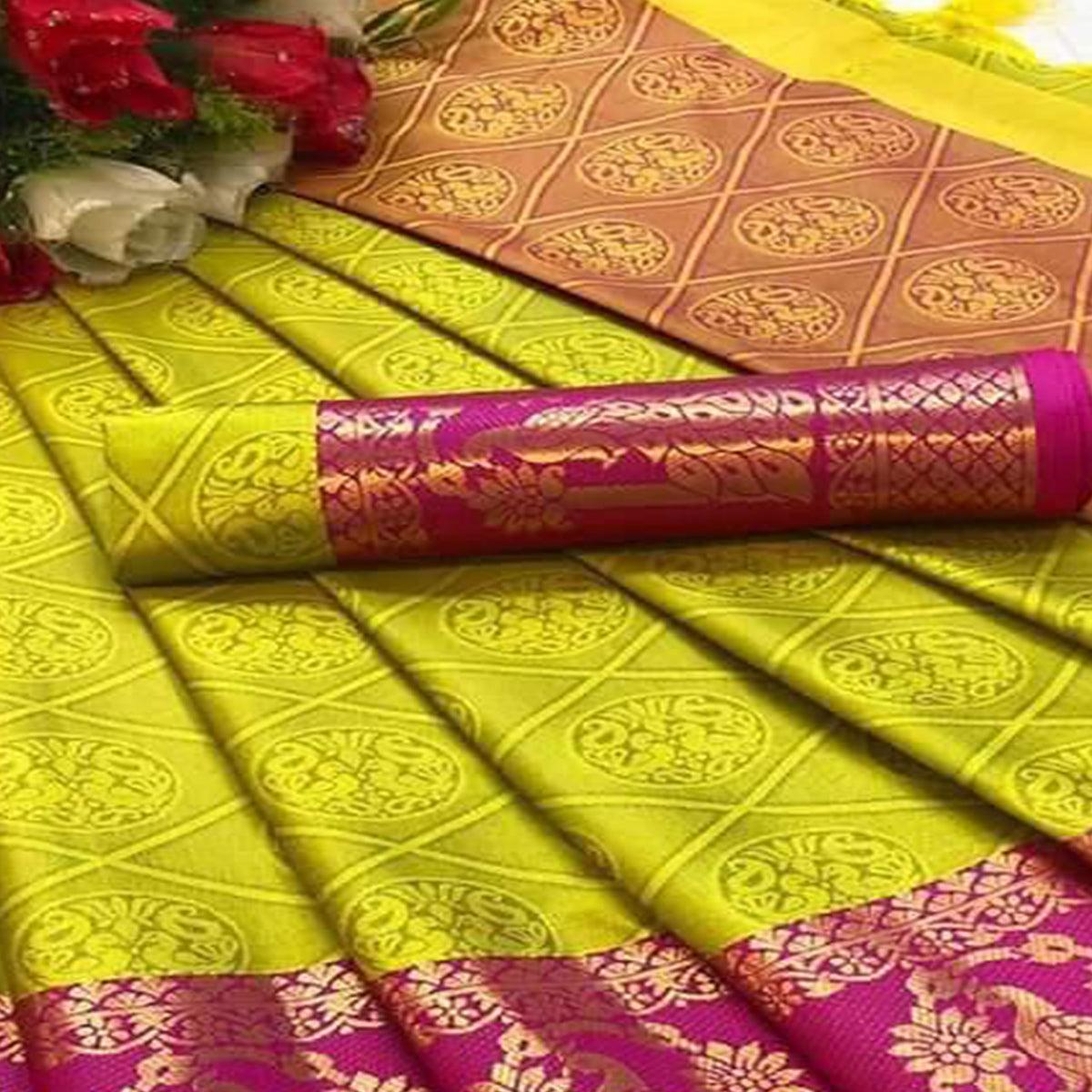 Lemon Green Festive Wear Woven Cotton Silk Saree - Peachmode