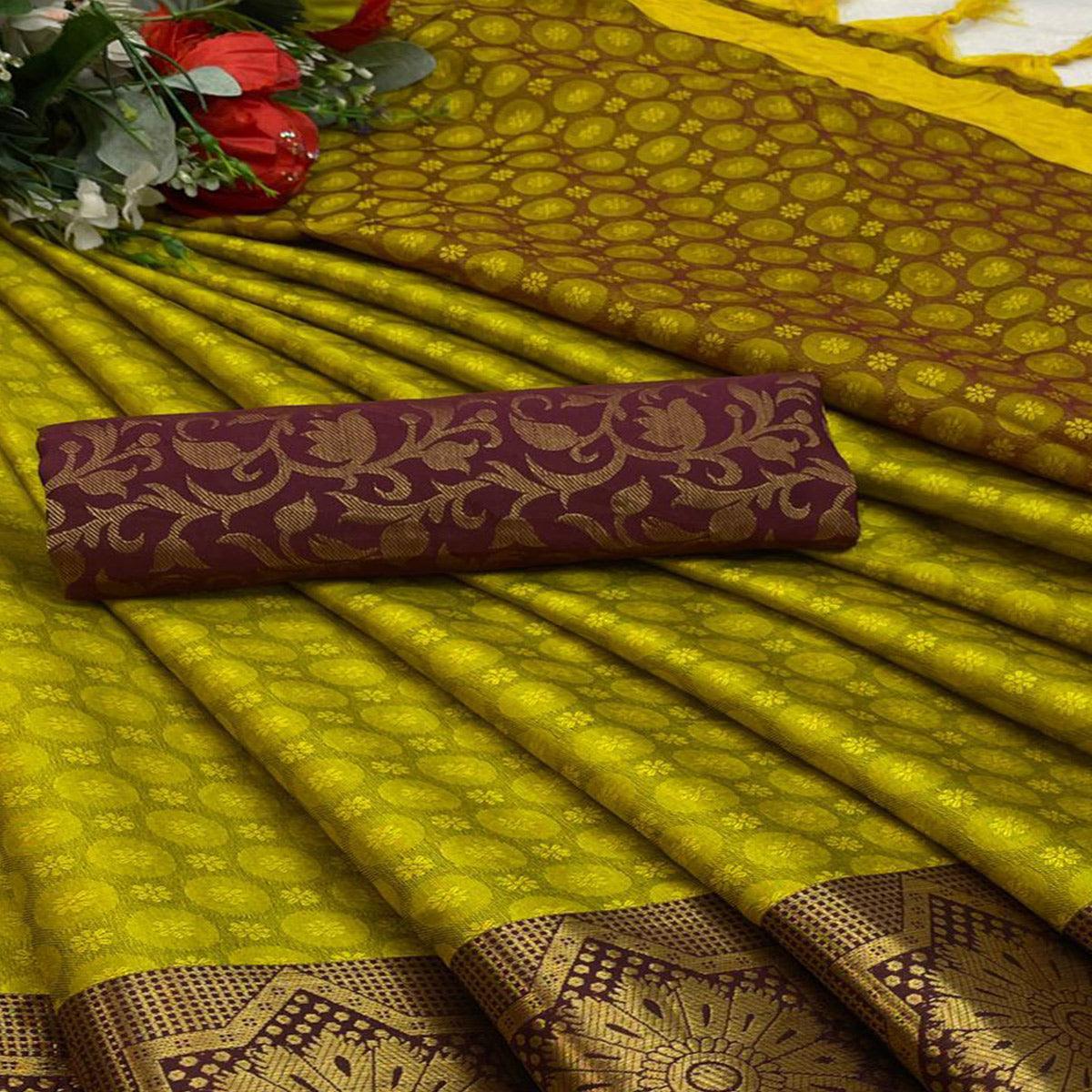 Lemon Green Festive Wear Woven Cotton Silk Saree - Peachmode