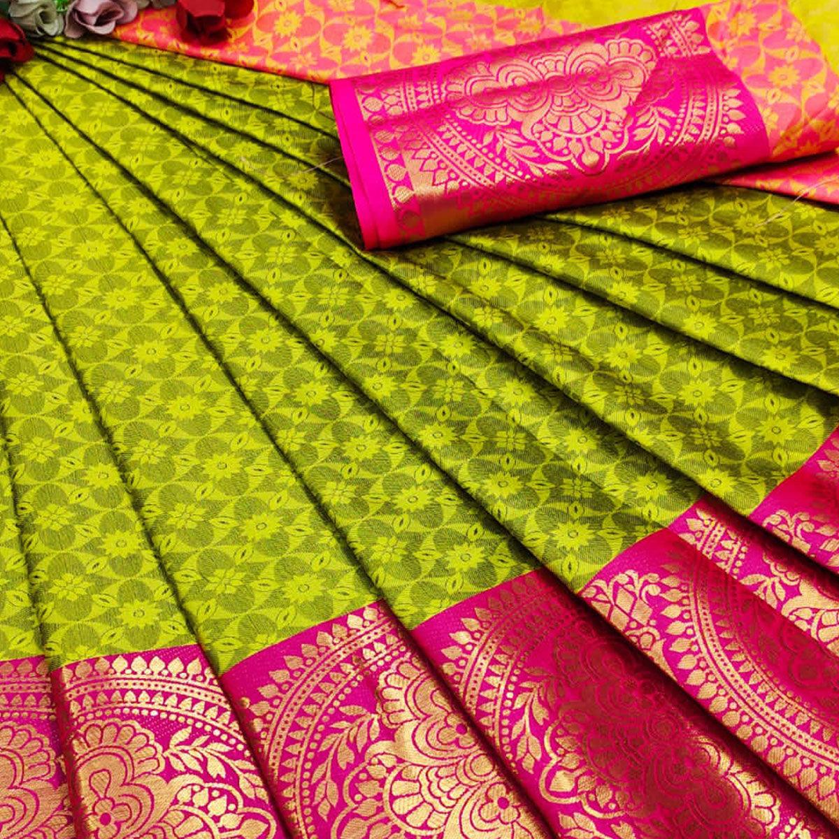 Lemon Green Festive Wear Woven Desginer Cotton Silk Saree - Peachmode