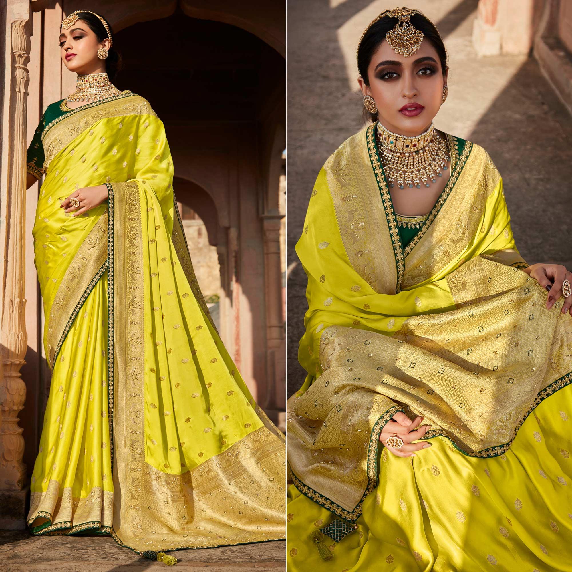 Lemon Green Festive Wear Woven Silk Saree - Peachmode