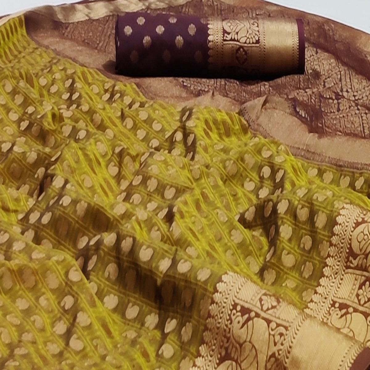 Lemon Green Festive Wear Woven Silk Saree With Jacquard Border - Peachmode