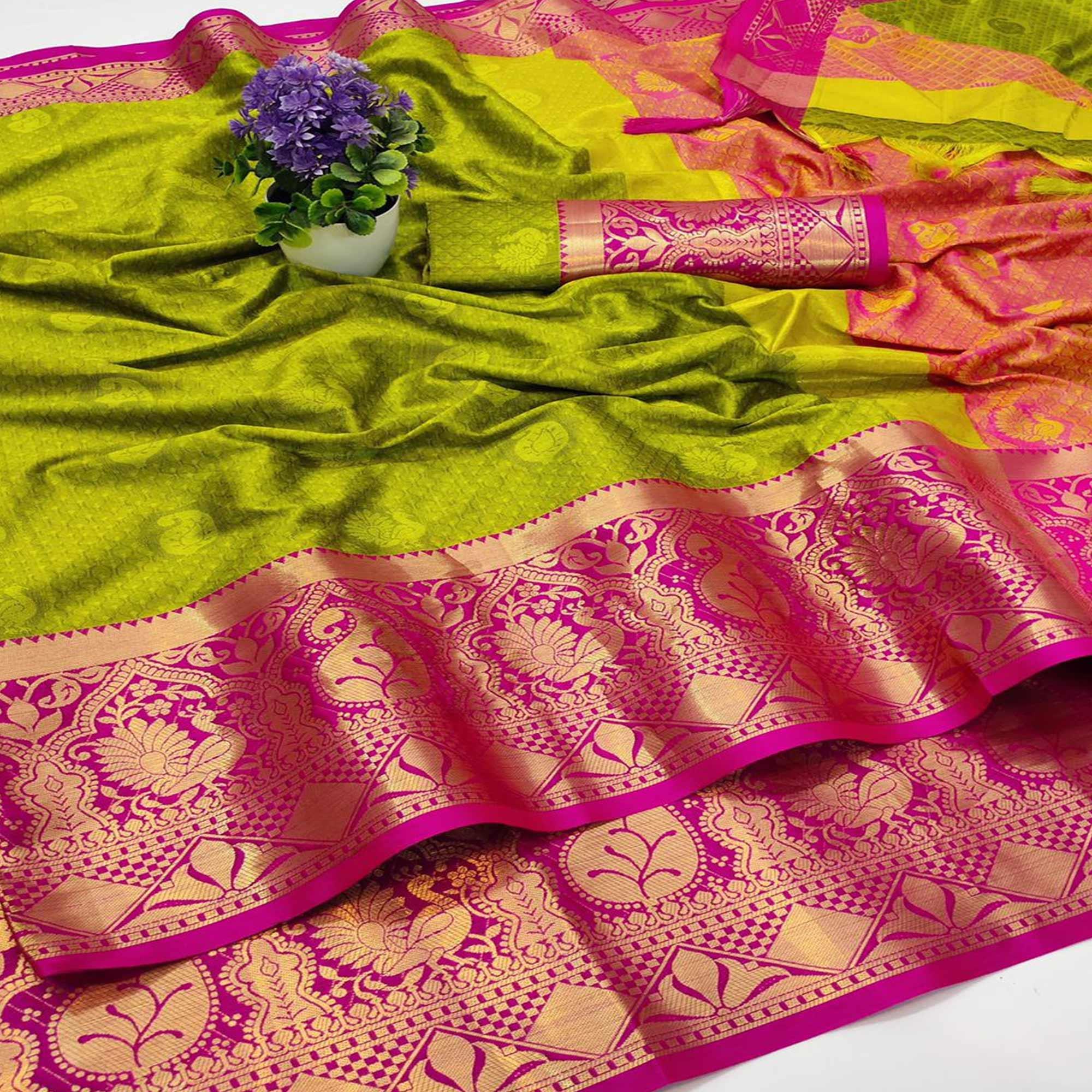 Lemon Green Festive Wear Woven Soft Cotton Saree - Peachmode
