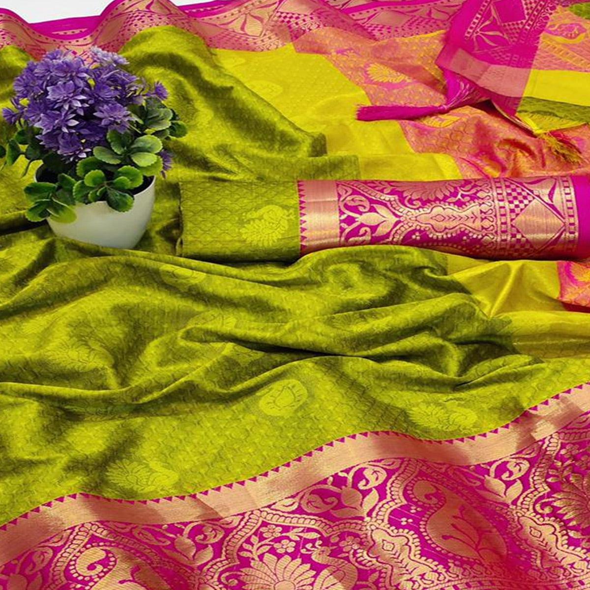 Lemon Green Festive Wear Woven Soft Cotton Saree - Peachmode