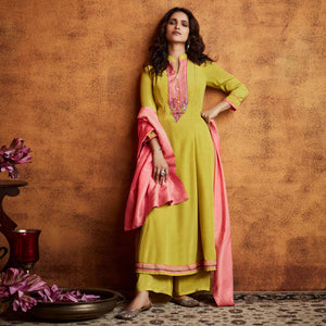 Lemon Green Floral Embroidered Fiona Silk Partywear Suit - Peachmode