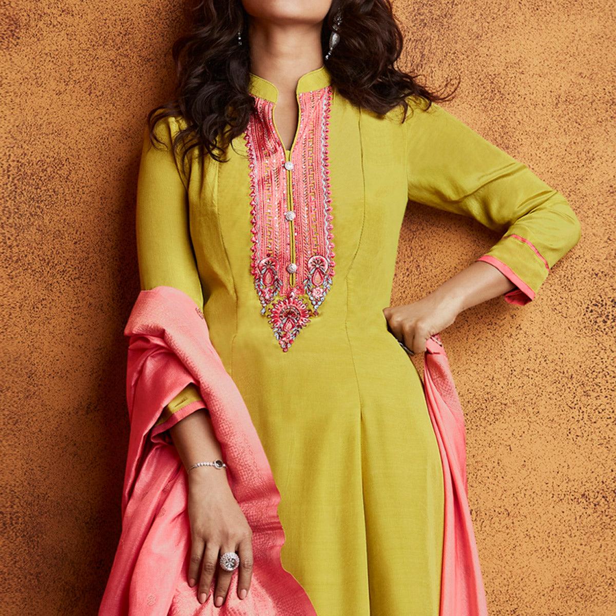 Lemon Green Floral Embroidered Fiona Silk Partywear Suit - Peachmode