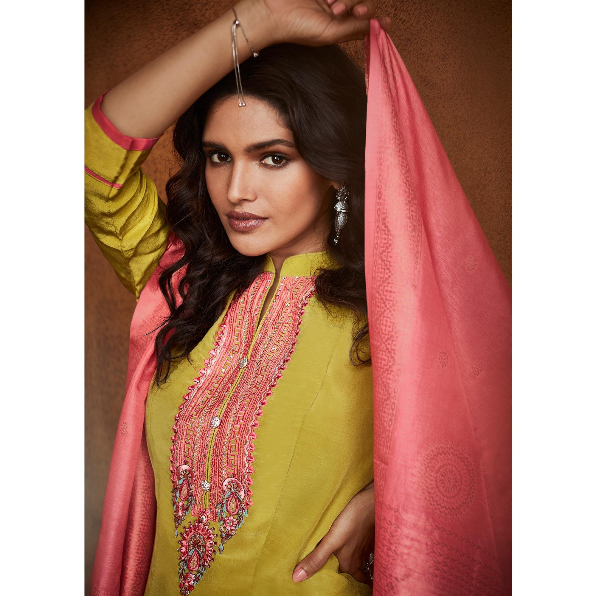 Lemon Green Floral Embroidered Fiona Silk Partywear Suit - Peachmode