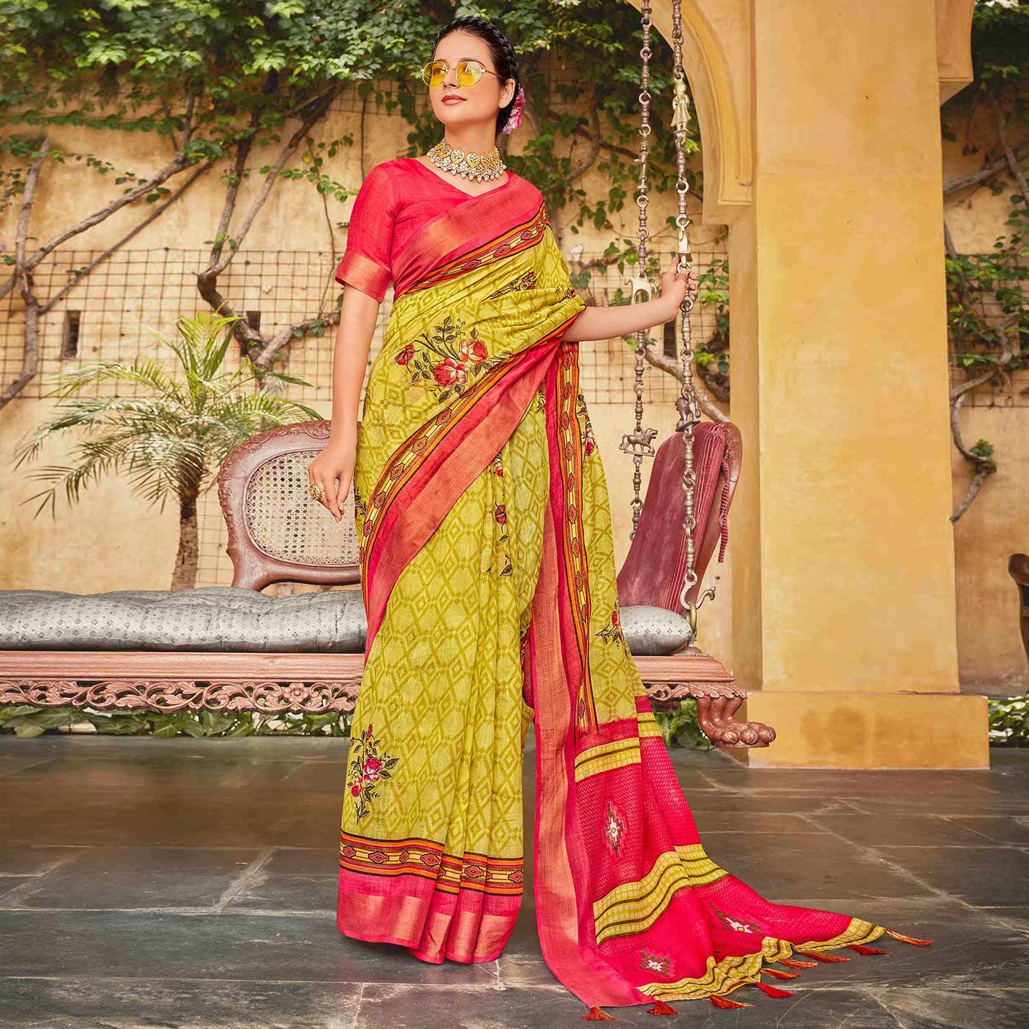 Lemon Green Floral Printed Linen Saree - Peachmode