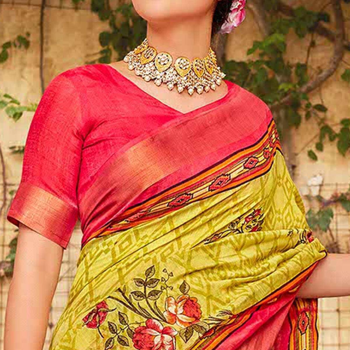 Lemon Green Floral Printed Linen Saree - Peachmode