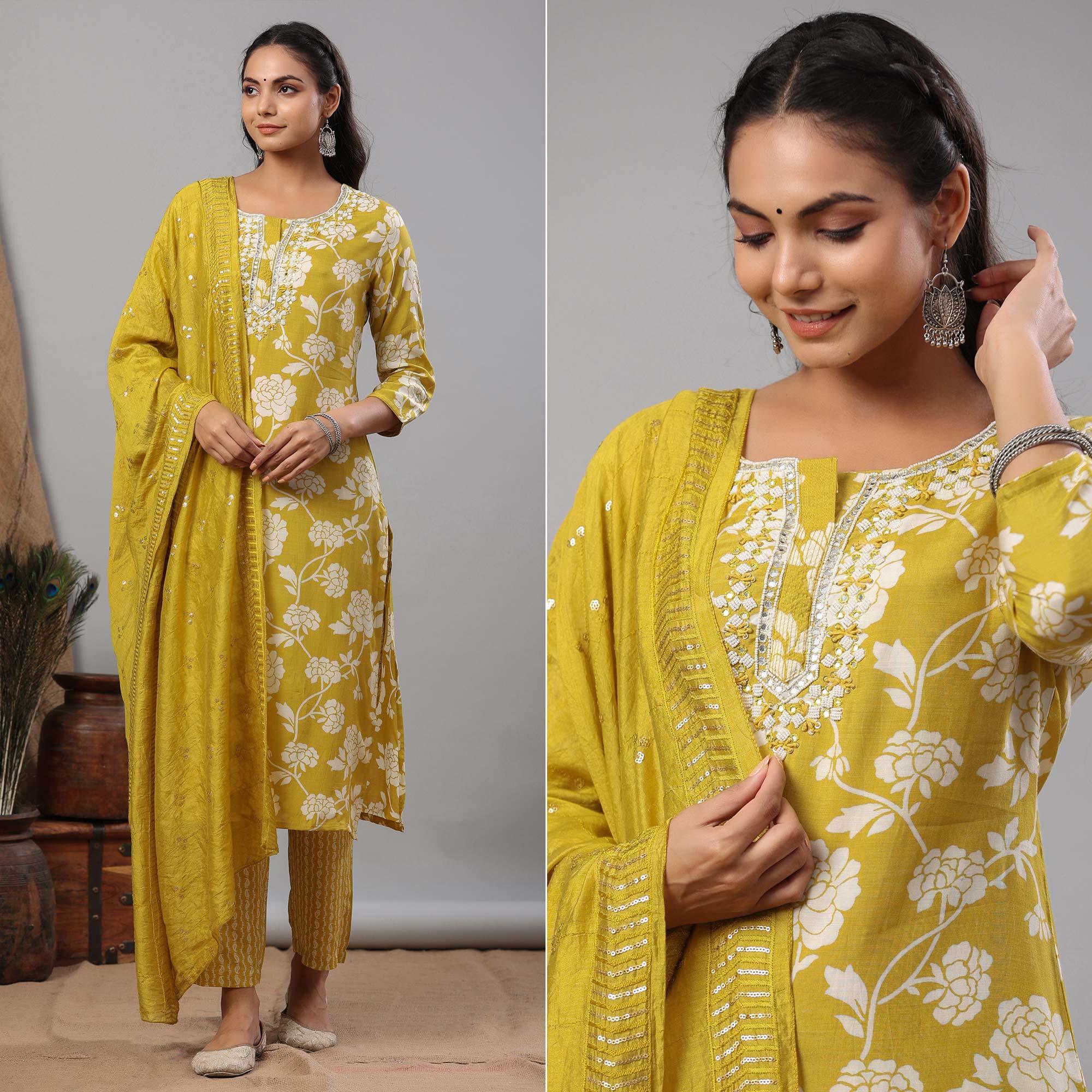 Lemon Green Floral Printed Muslin Kurti Palazzo Set - Peachmode