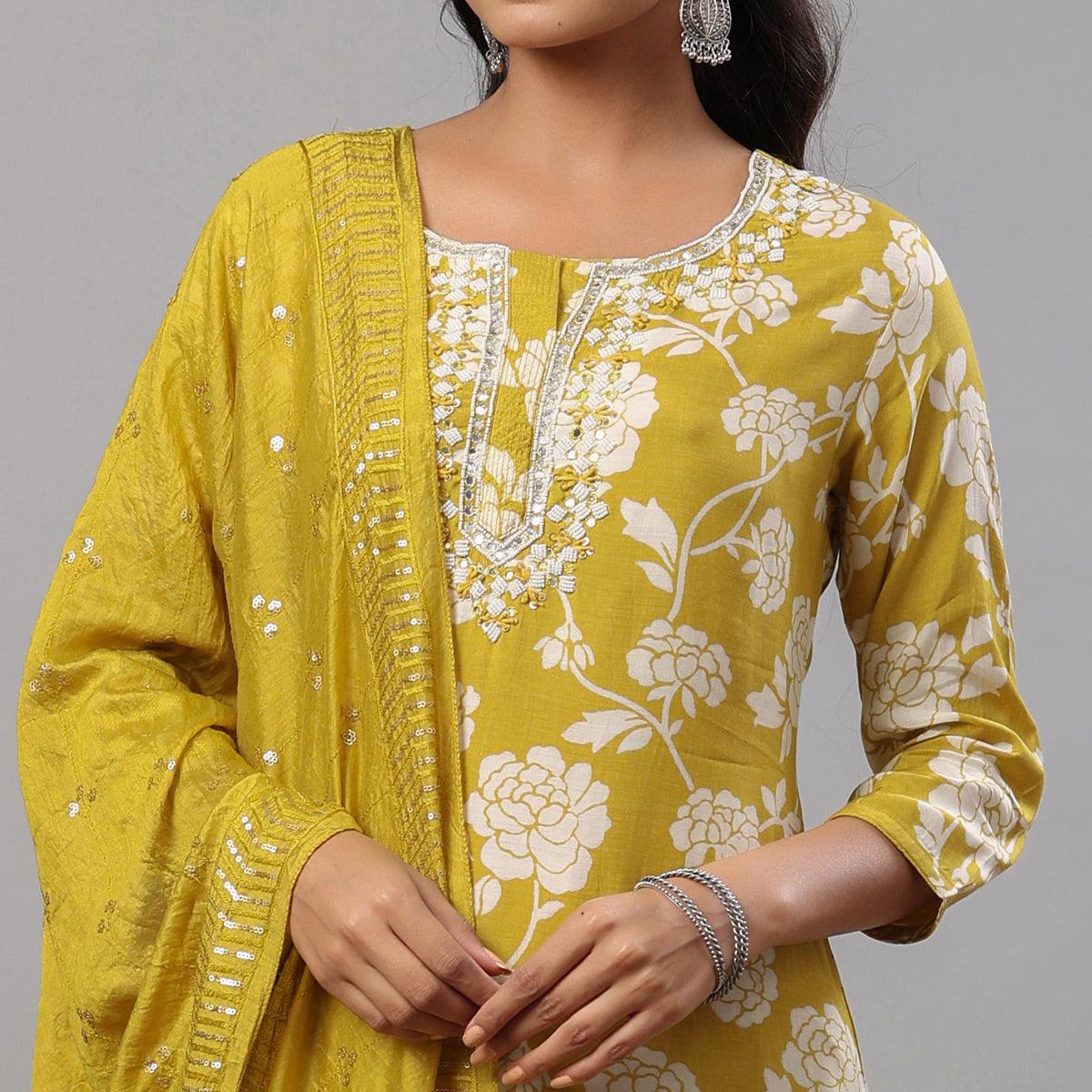 Lemon Green Floral Printed Muslin Kurti Palazzo Set - Peachmode