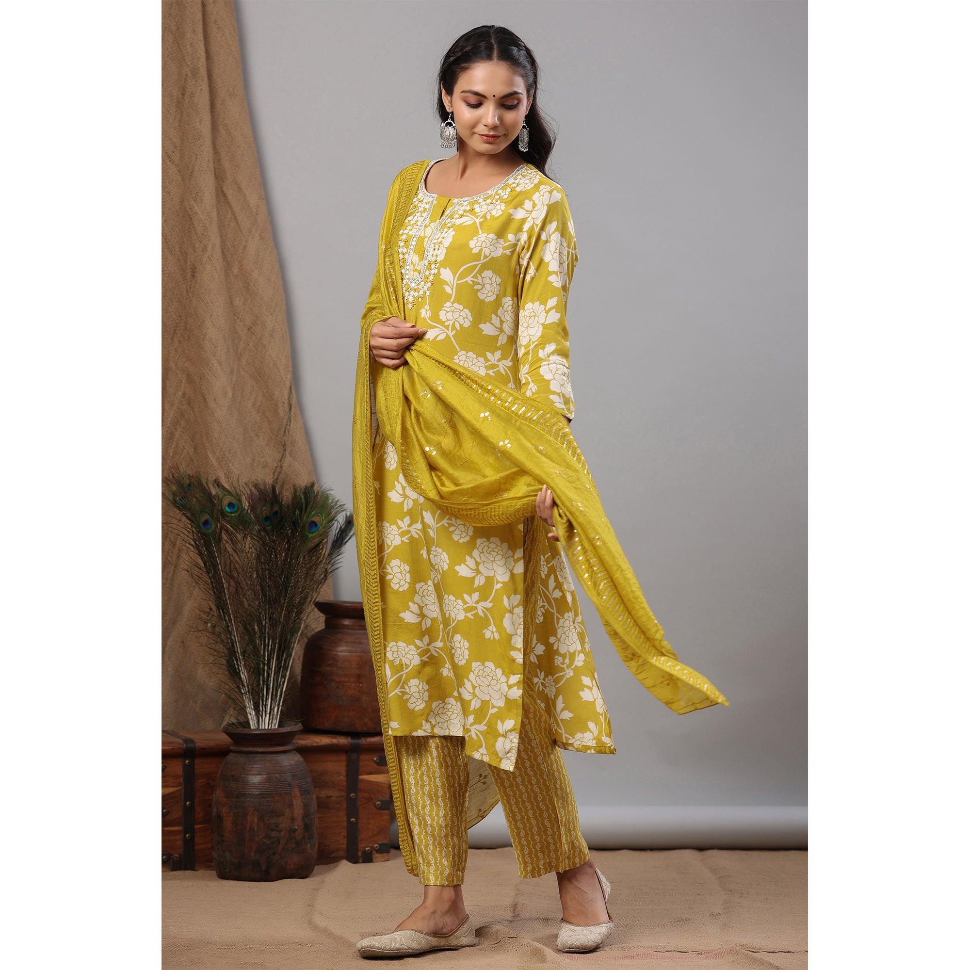 Lemon Green Floral Printed Muslin Kurti Palazzo Set - Peachmode