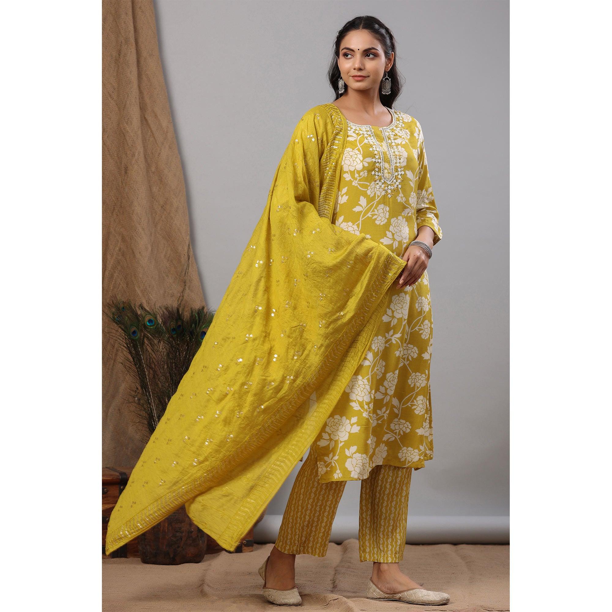 Lemon Green Floral Printed Muslin Kurti Palazzo Set - Peachmode