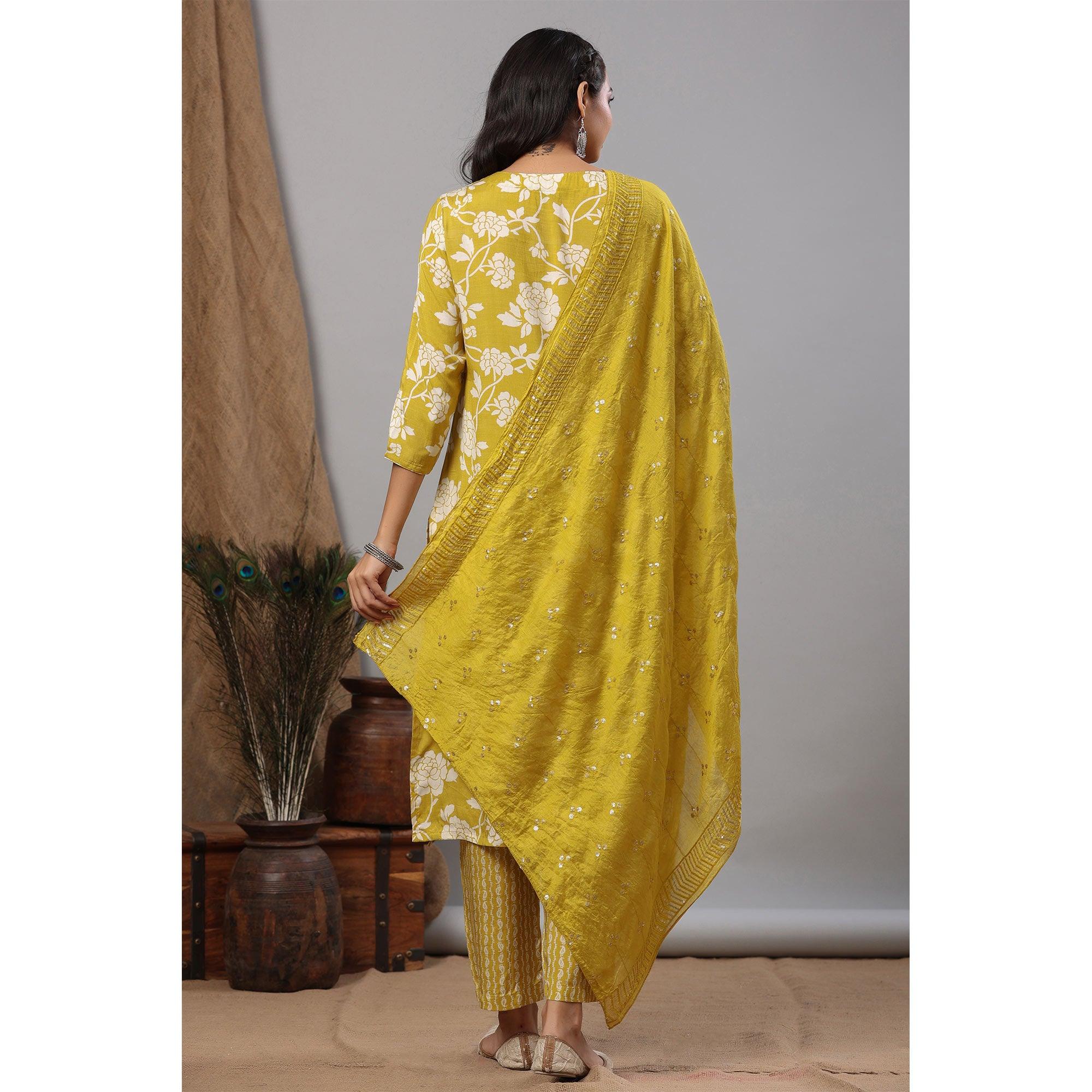 Lemon Green Floral Printed Muslin Kurti Palazzo Set - Peachmode