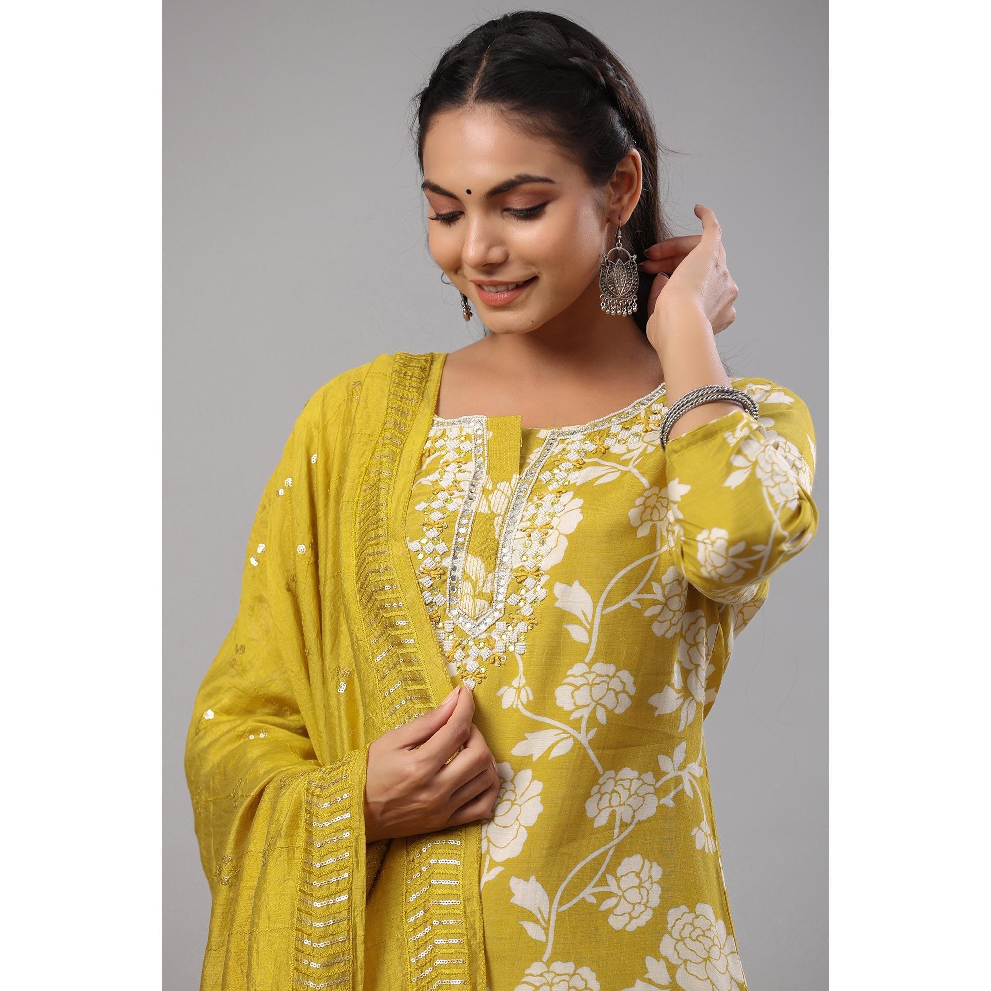 Lemon Green Floral Printed Muslin Kurti Palazzo Set - Peachmode