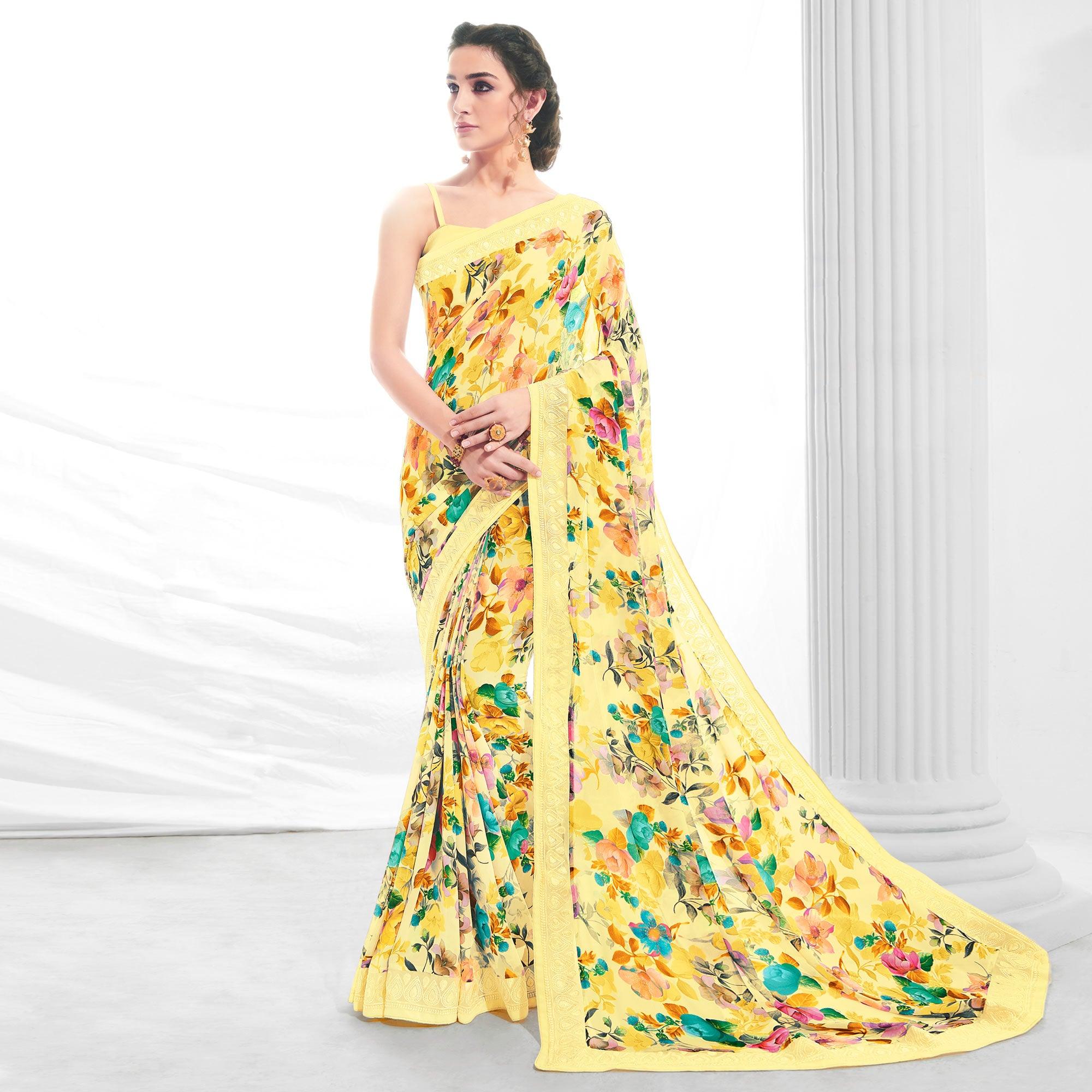 Lemon Green Floral Printed With Embroidered Border Georgette Saree - Peachmode