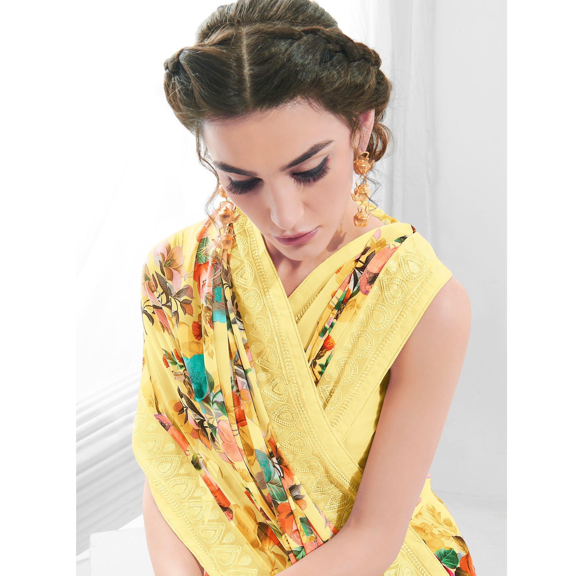 Lemon Green Floral Printed With Embroidered Border Georgette Saree - Peachmode