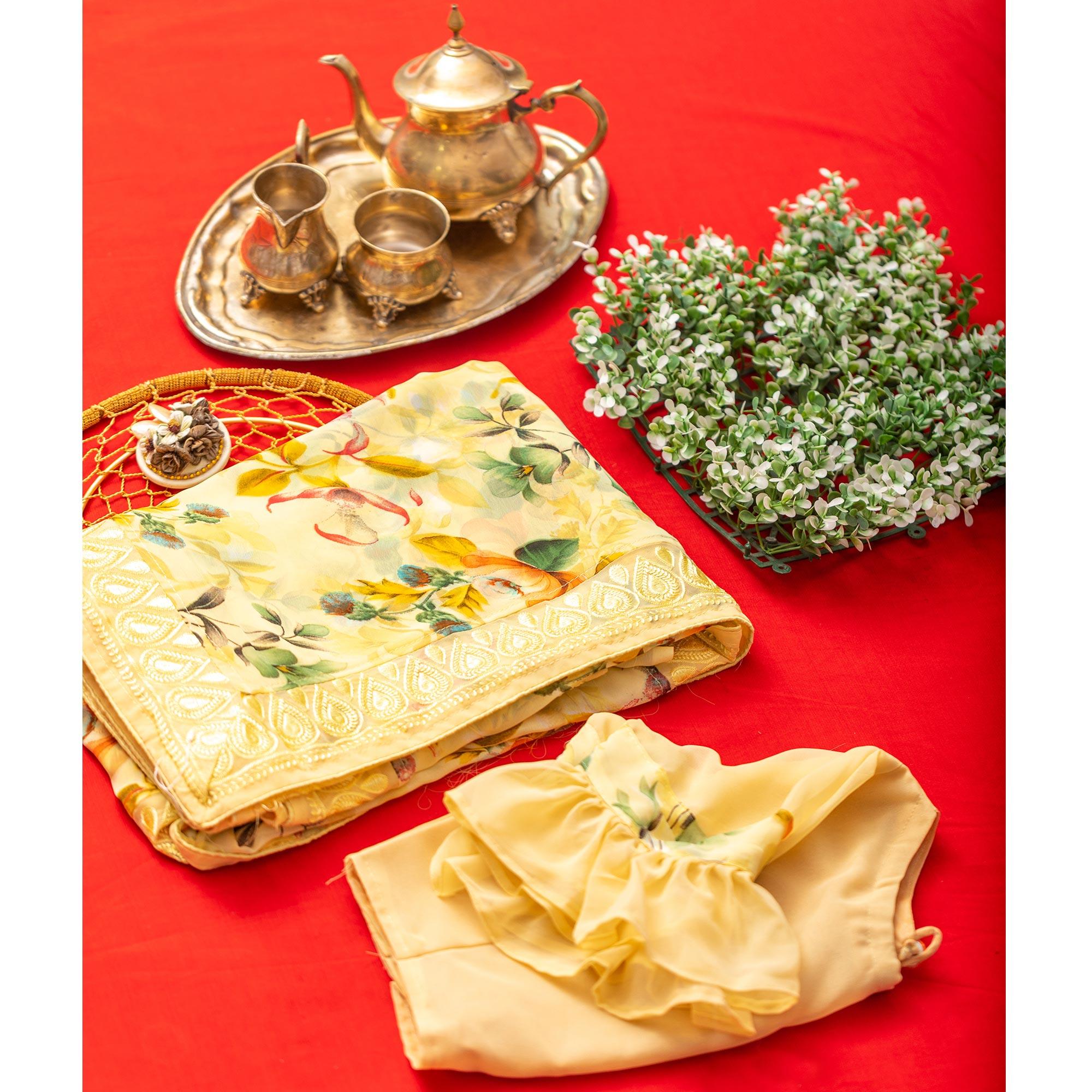Lemon Green Floral Printed With Embroidered Border Georgette Saree - Peachmode