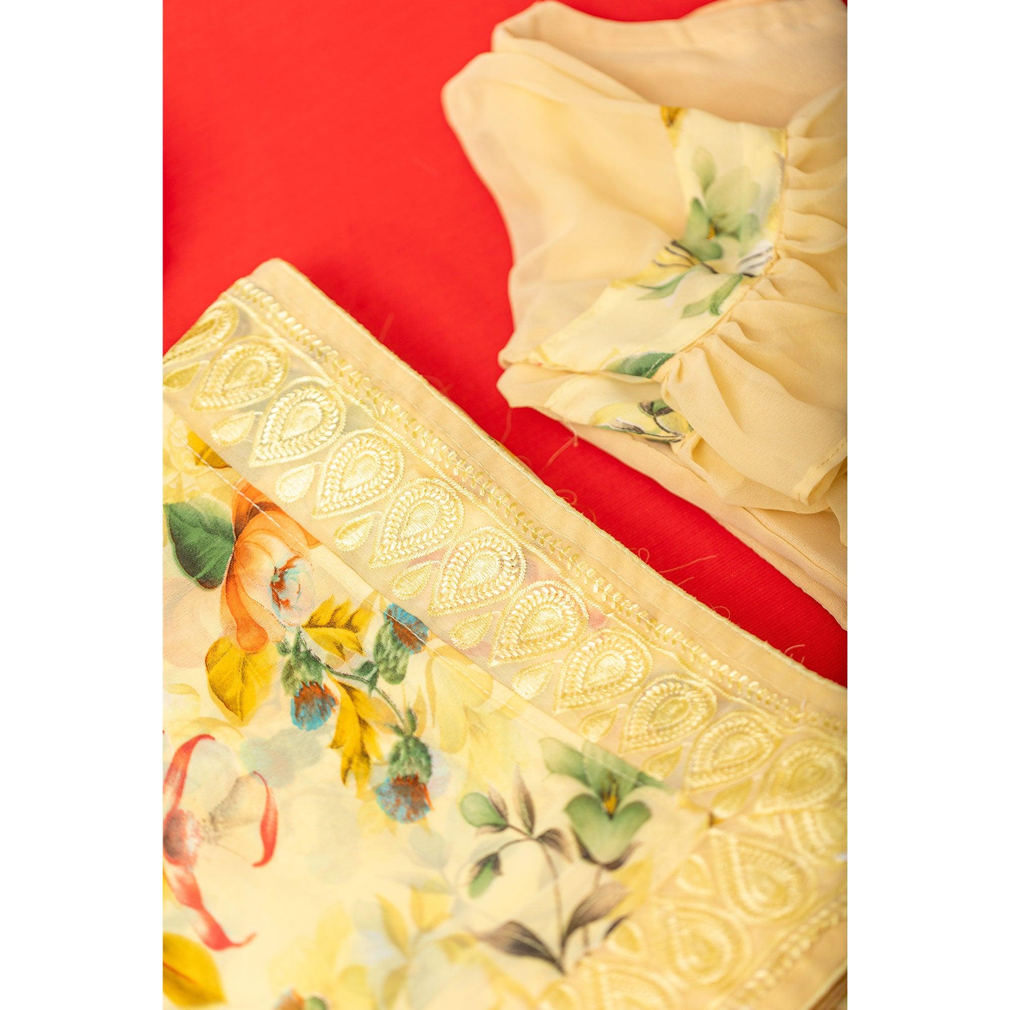 Lemon Green Floral Printed With Embroidered Border Georgette Saree - Peachmode