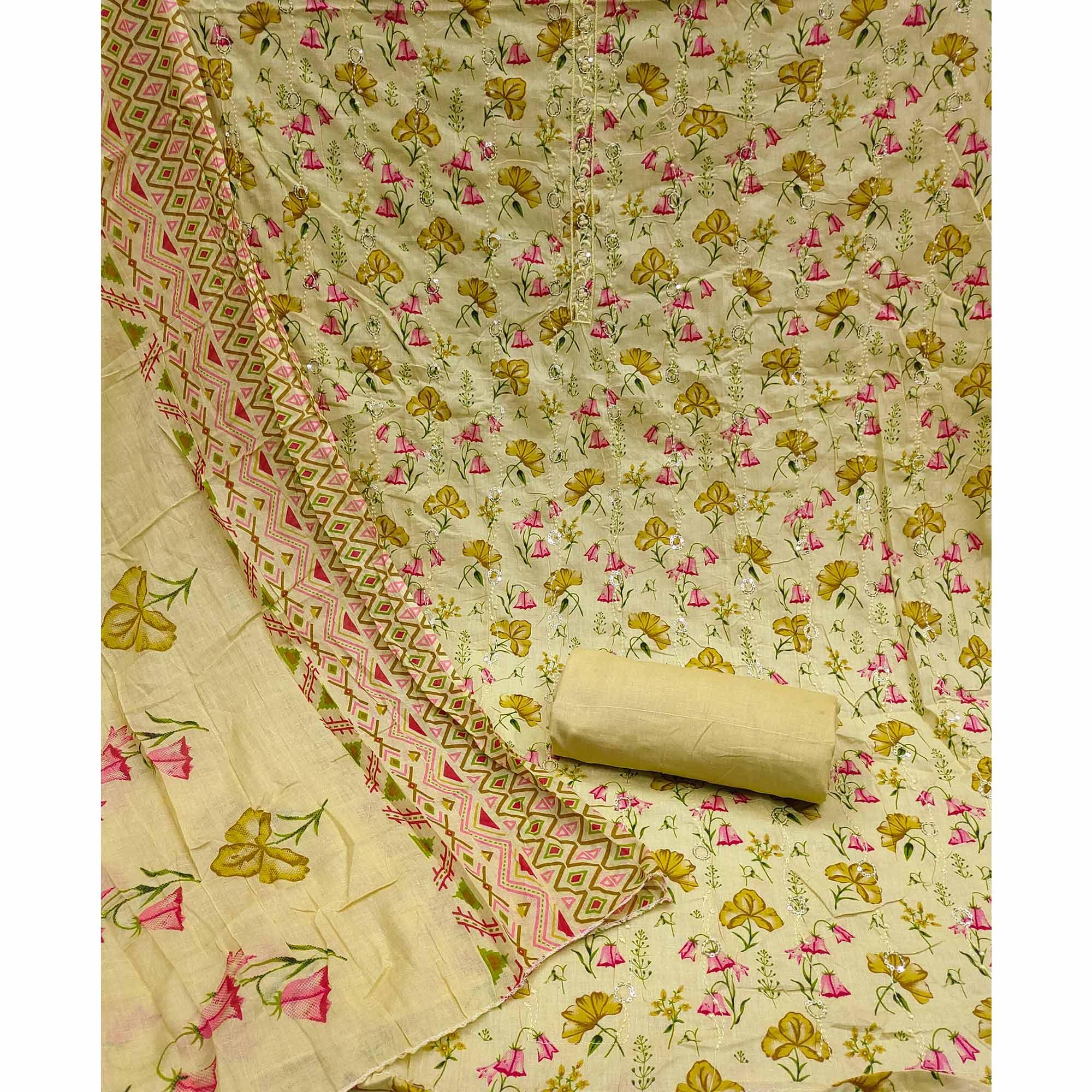 Lemon Green Floral Printed With Embroidered Pure Cotton Dress Material - Peachmode