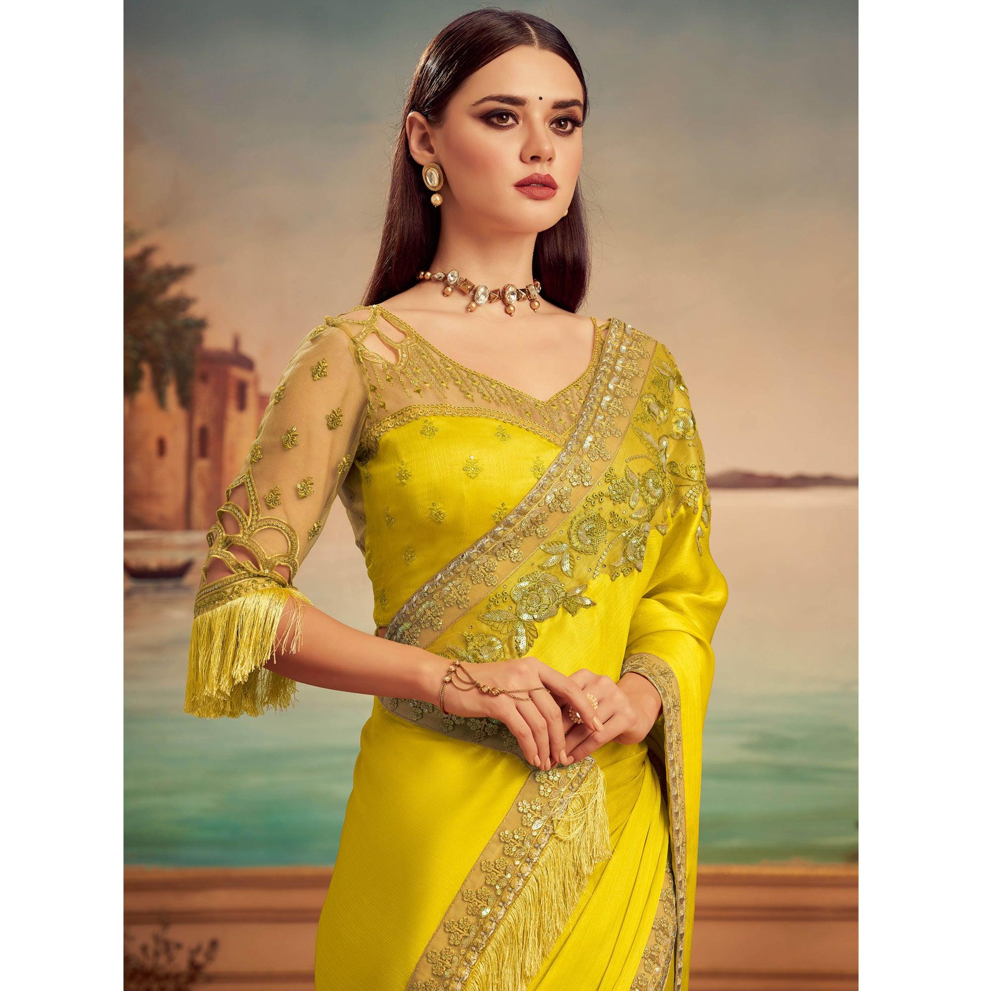 Lemon Green Floral Sequence Embroidered Art Silk Saree - Peachmode