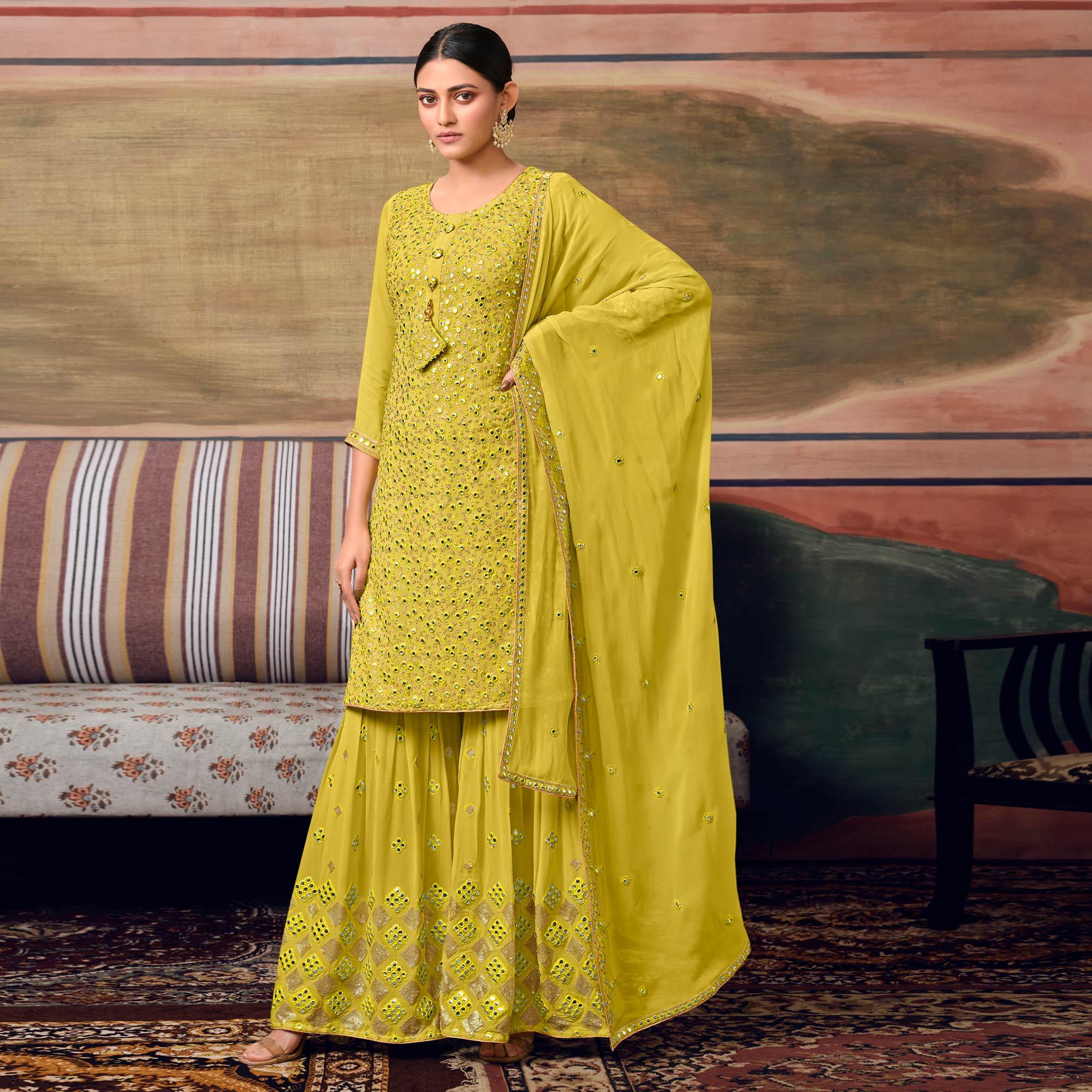 Lemon Green Partywear Embroidery With Embellished Georgette Sharara Suit - Peachmode