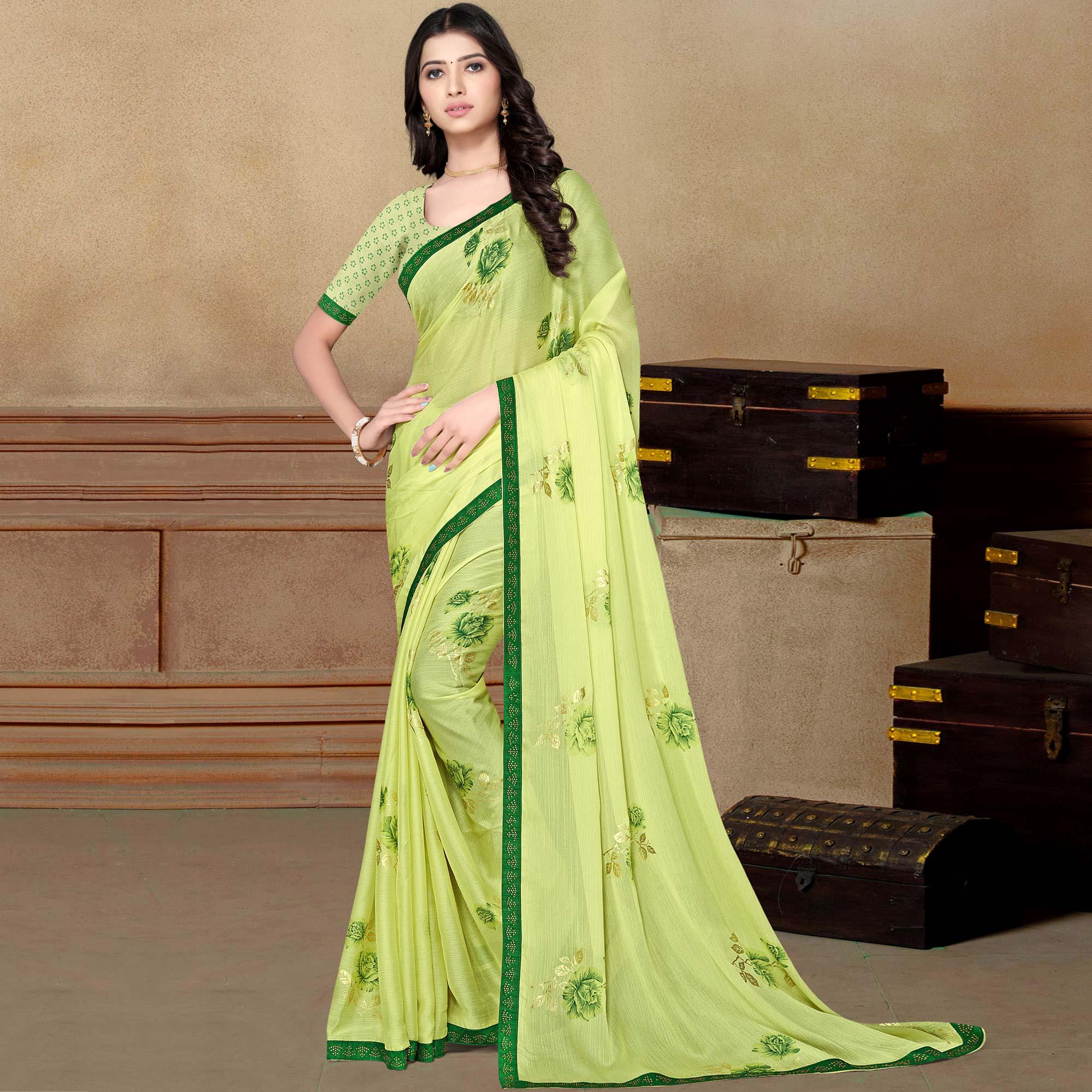 Lemon Green Partywear Foil Printed & Embellished Moss Chiffon Saree - Peachmode