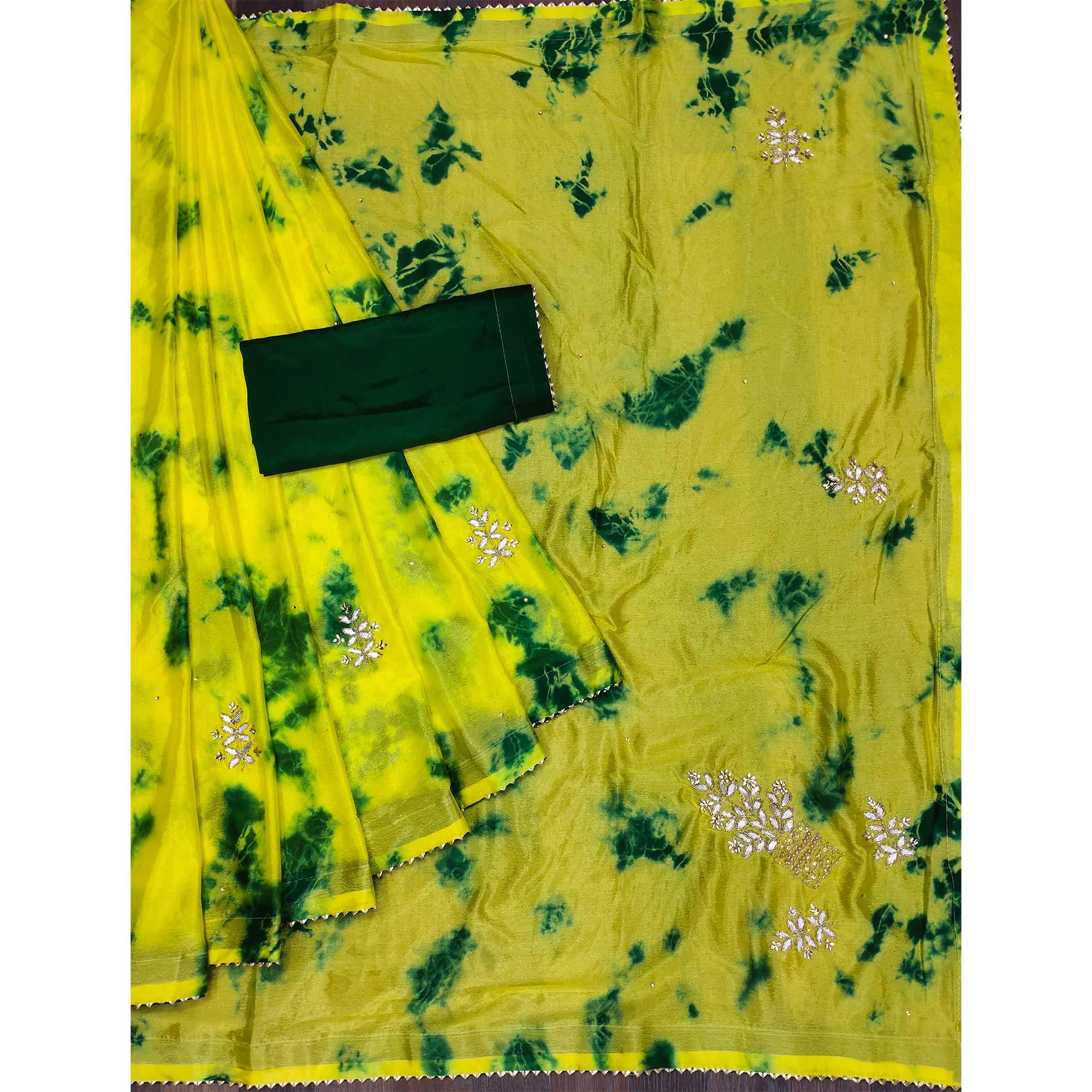 Lemon Green Printed Chiffon Saree - Peachmode