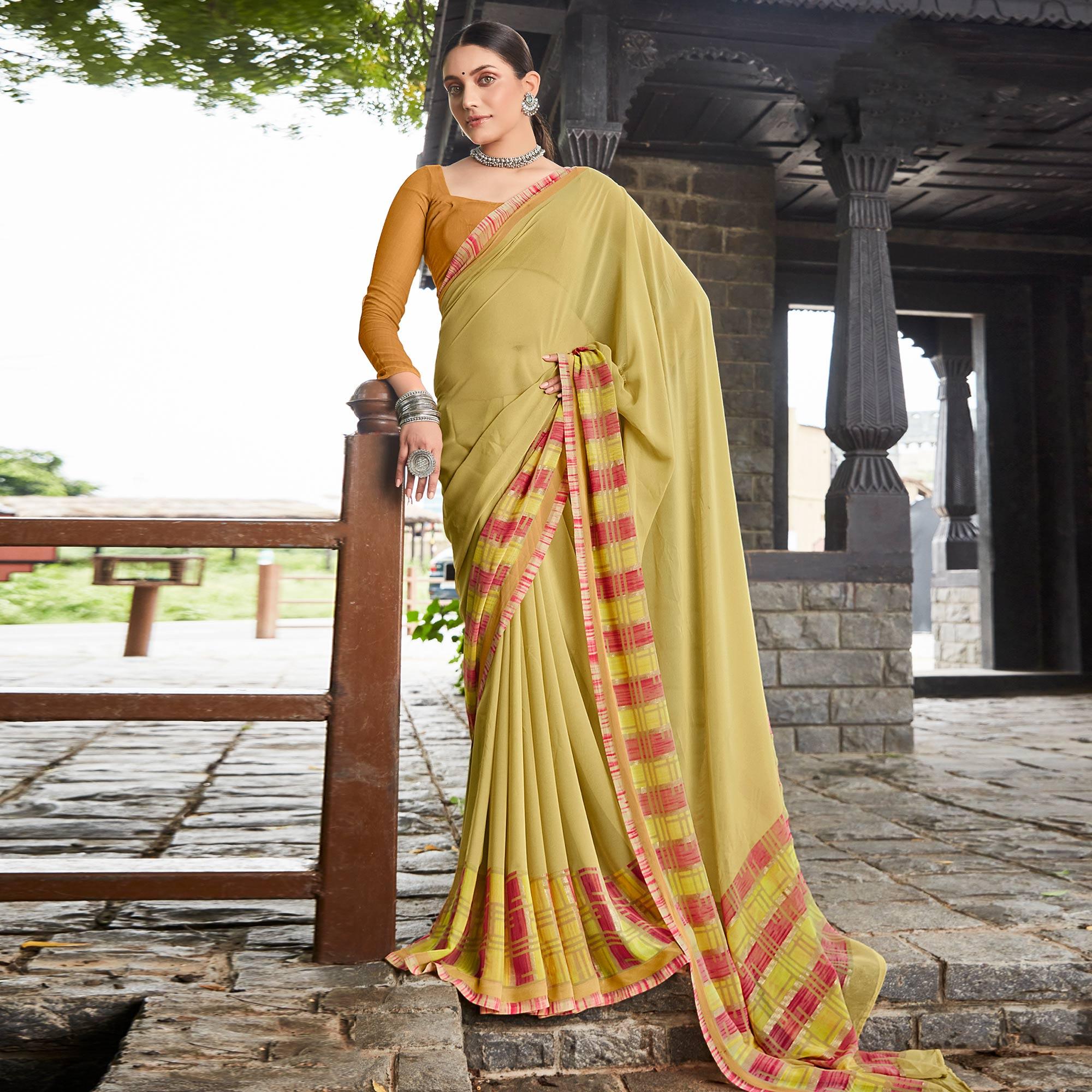 Lemon Green Printed Geoergette Saree - Peachmode