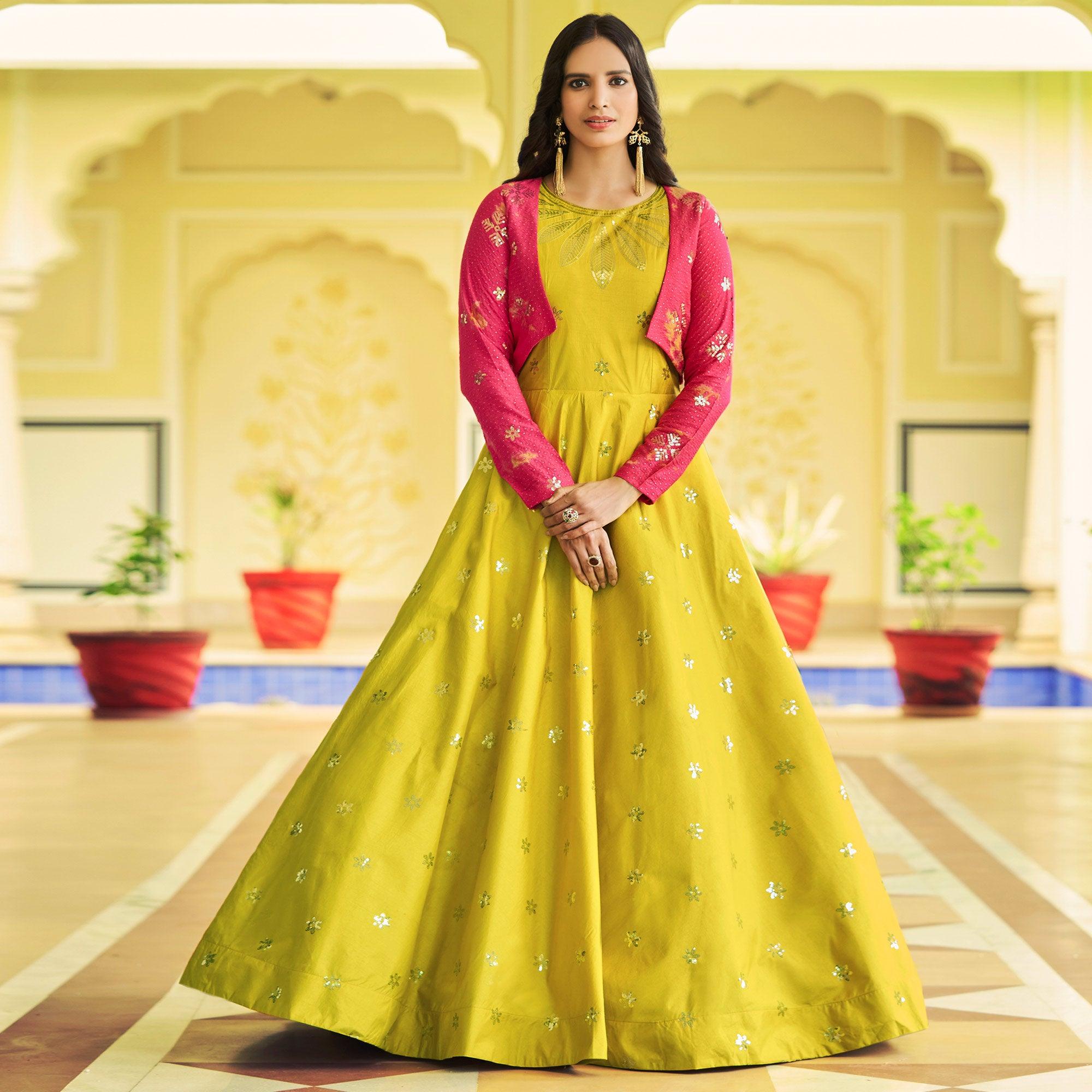 Lemon Green Sequins Embroidered Pure Cotton Gown With Koti