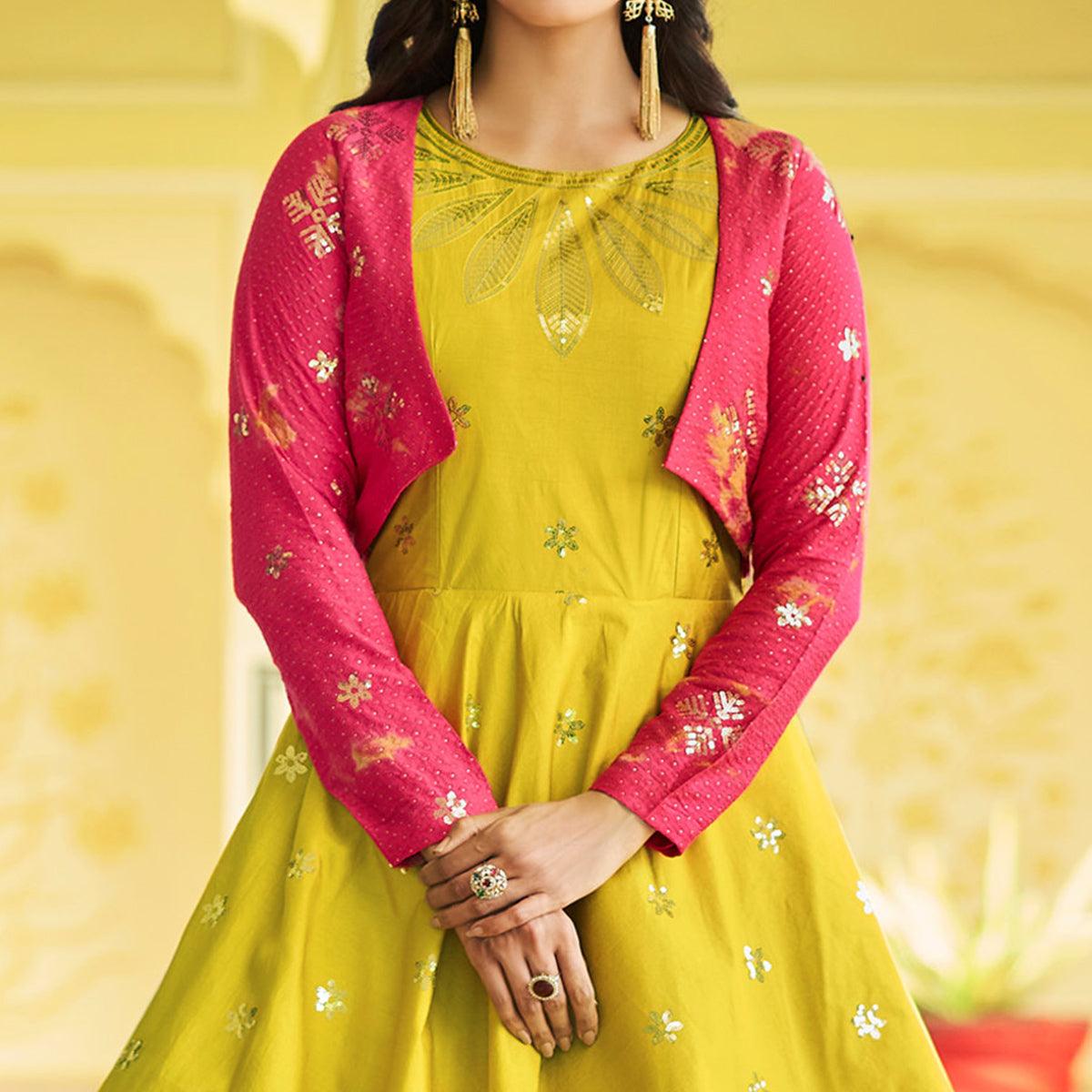 Lemon Green Sequence Embroidered Pure Cotton Gown With Koti - Peachmode