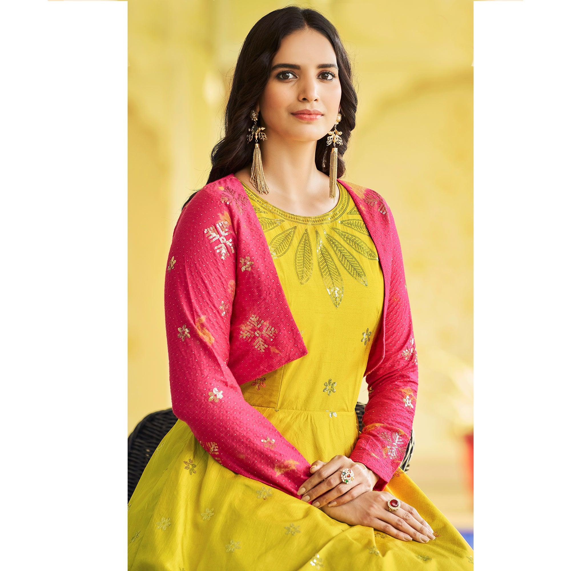 Lemon Green Sequence Embroidered Pure Cotton Gown With Koti - Peachmode