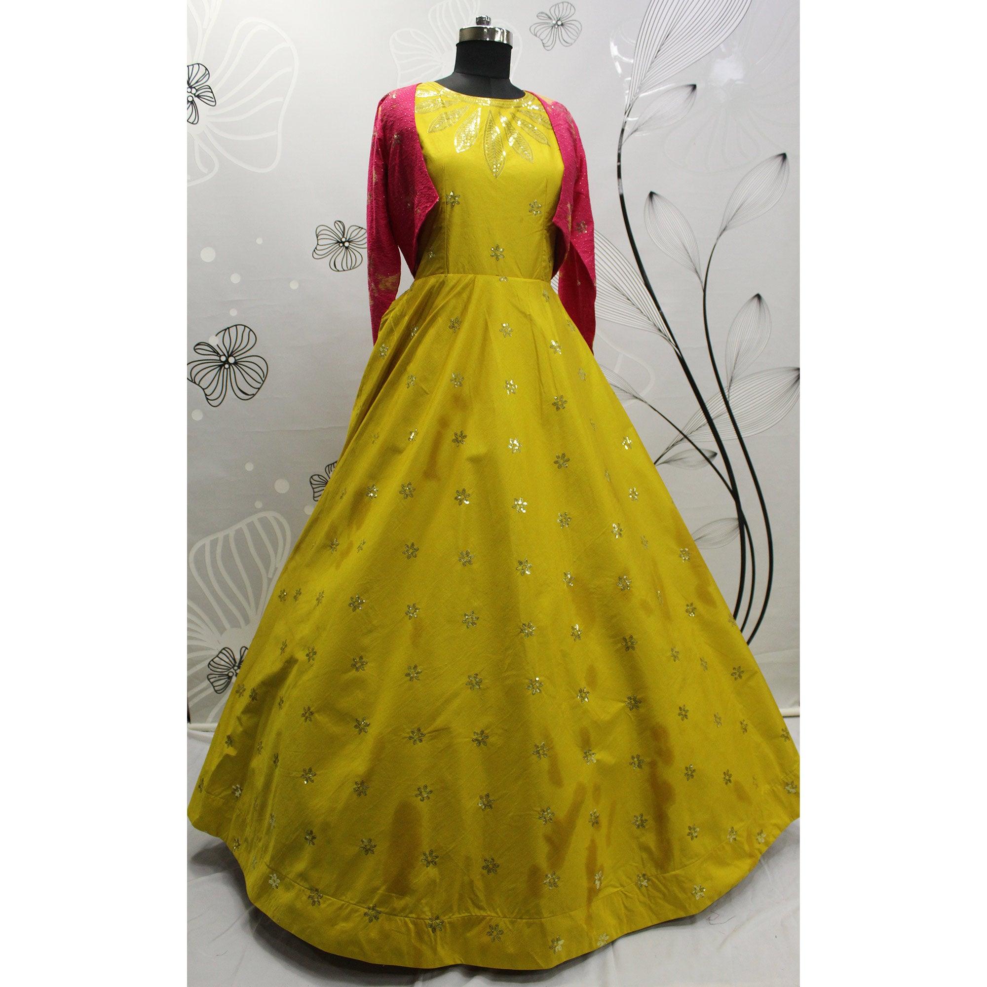 Lemon Green Sequence Embroidered Pure Cotton Gown With Koti - Peachmode
