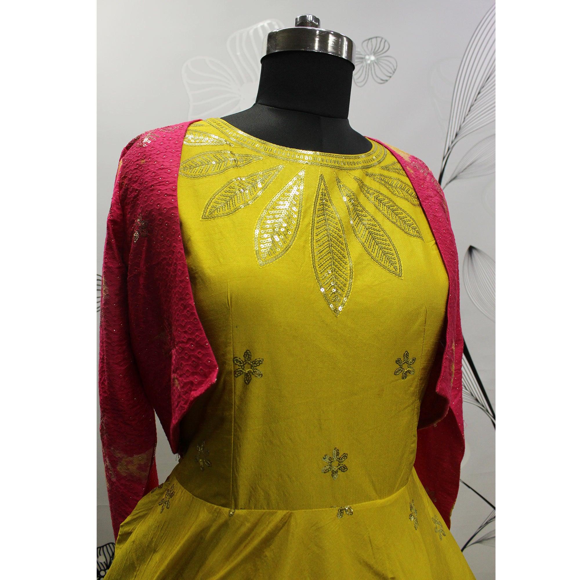Lemon Green Sequence Embroidered Pure Cotton Gown With Koti - Peachmode