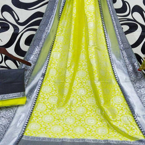 Lemon Green Woven Art Silk Saree - Peachmode