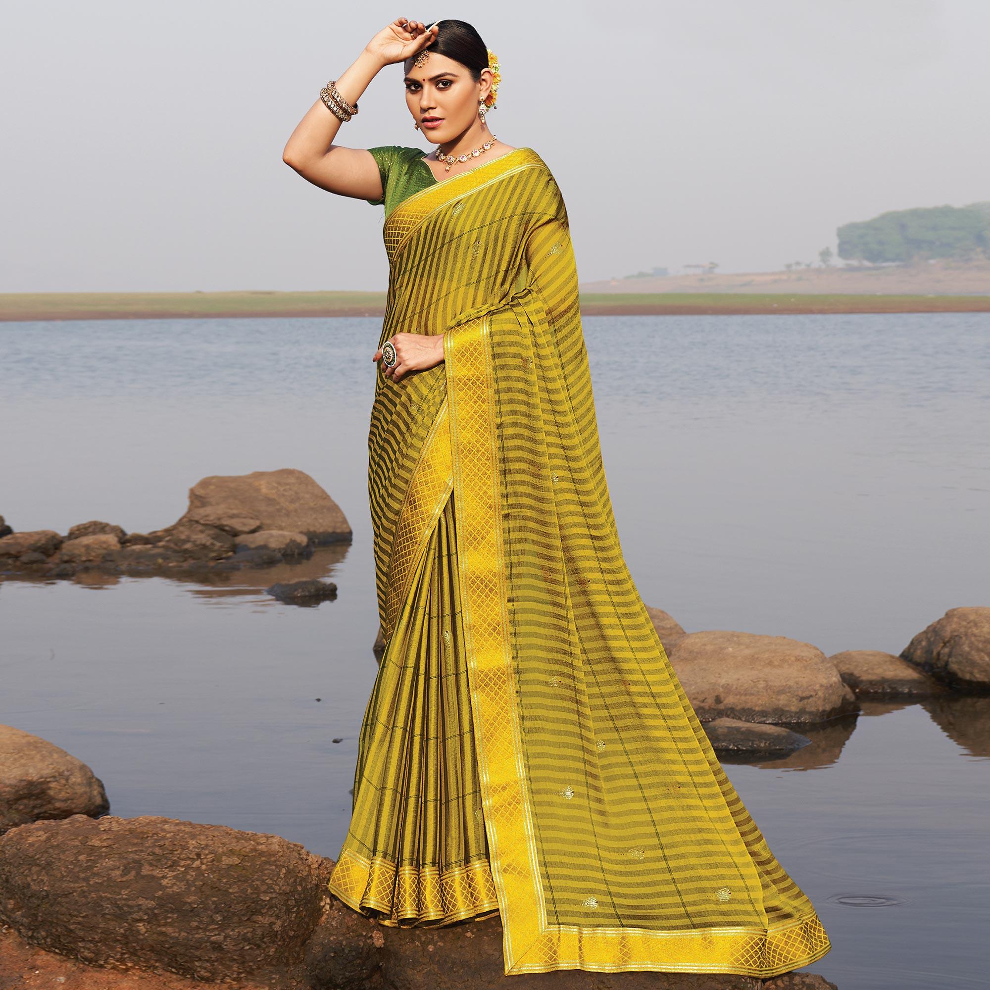 Lemon Green Woven Chiffon Saree - Peachmode