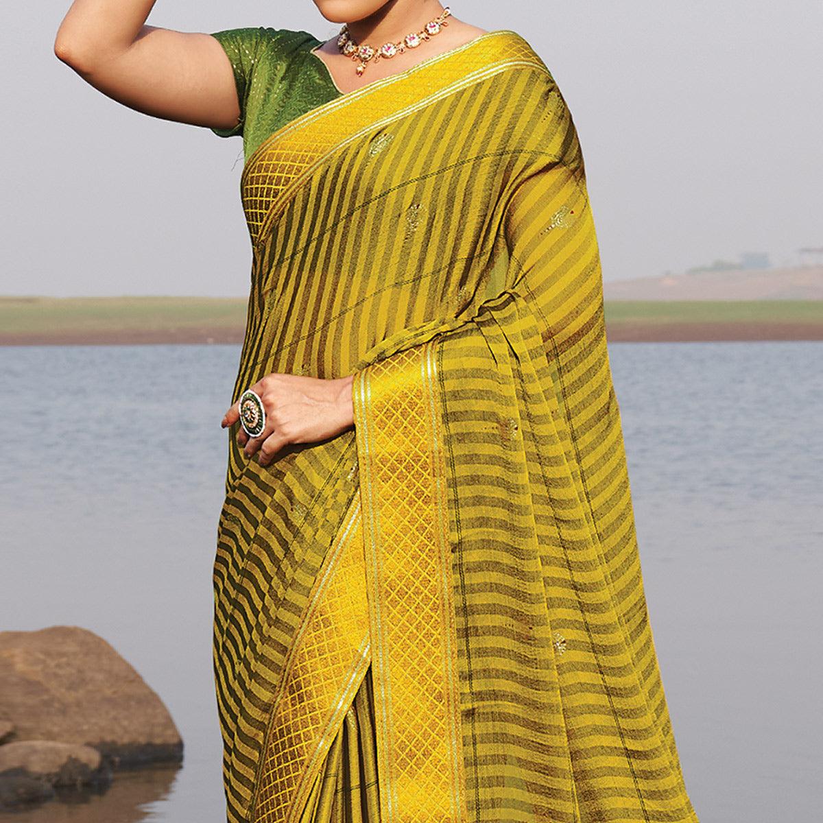 Lemon Green Woven Chiffon Saree - Peachmode