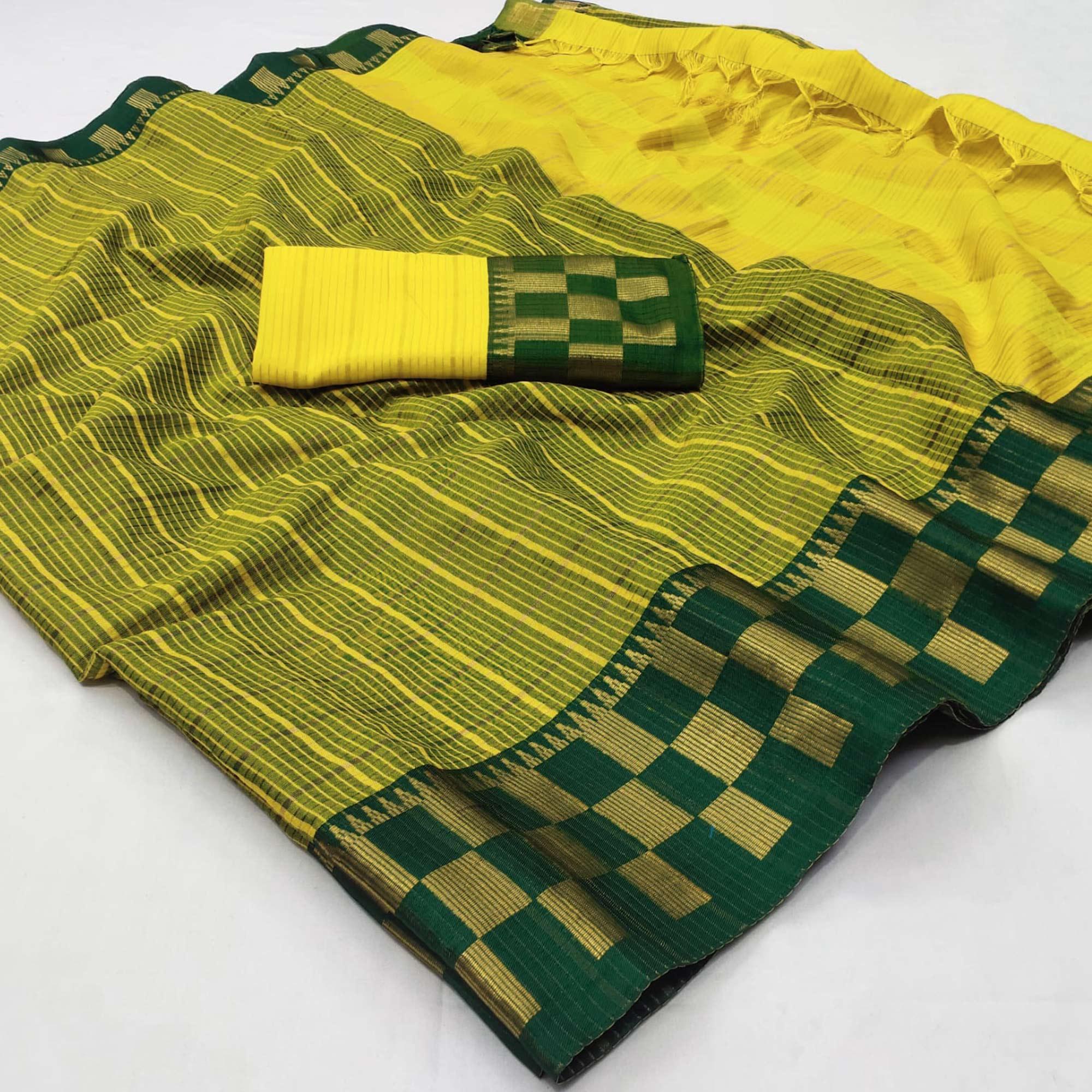 Lemon Green Woven Cotton Silk Saree - Peachmode