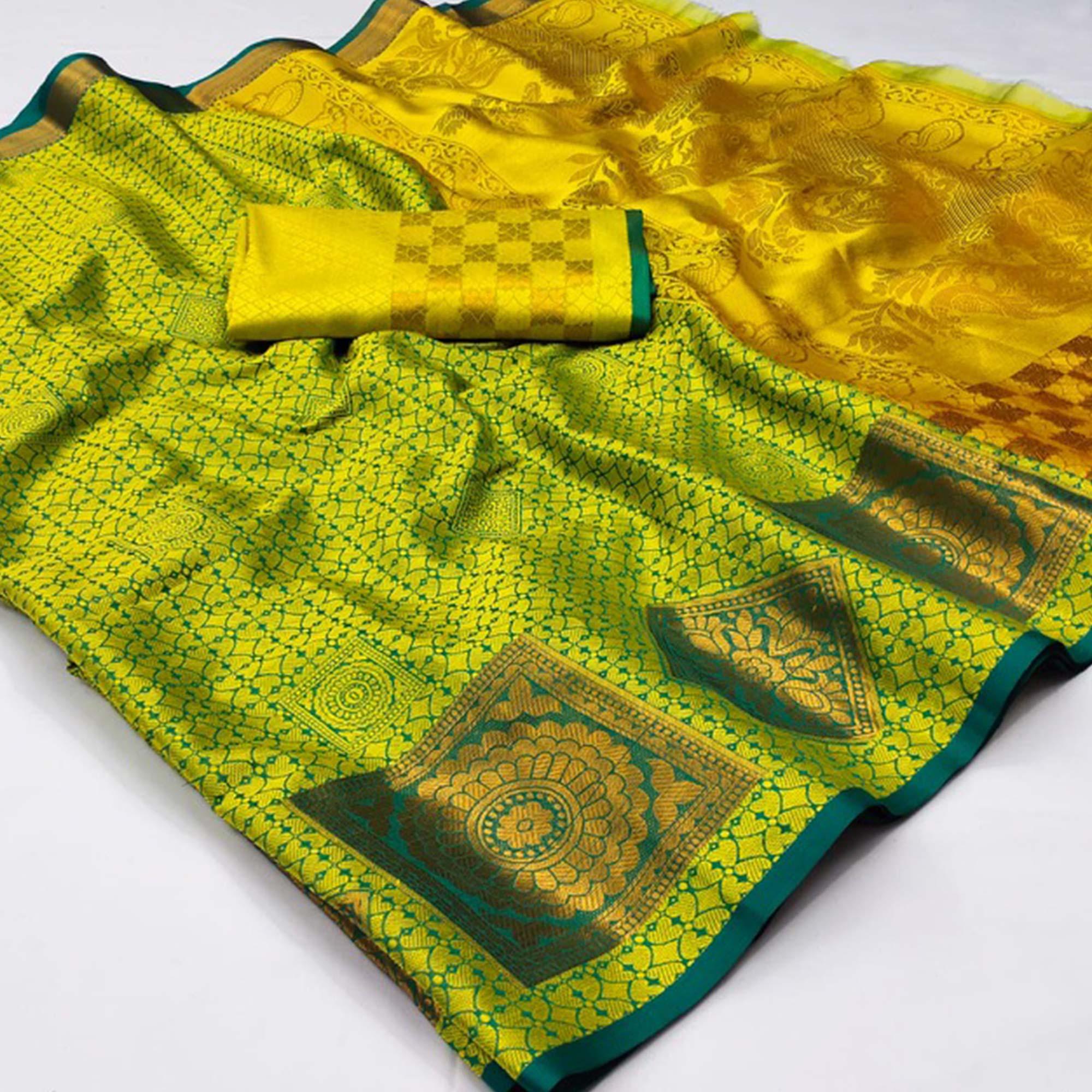 Lemon-Green Woven Cotton Silk Saree - Peachmode