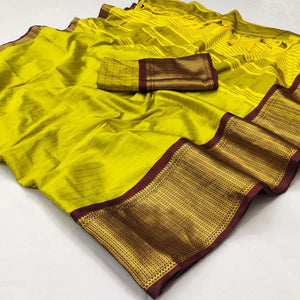 Lemon Green Woven Cotton Silk Saree - Peachmode