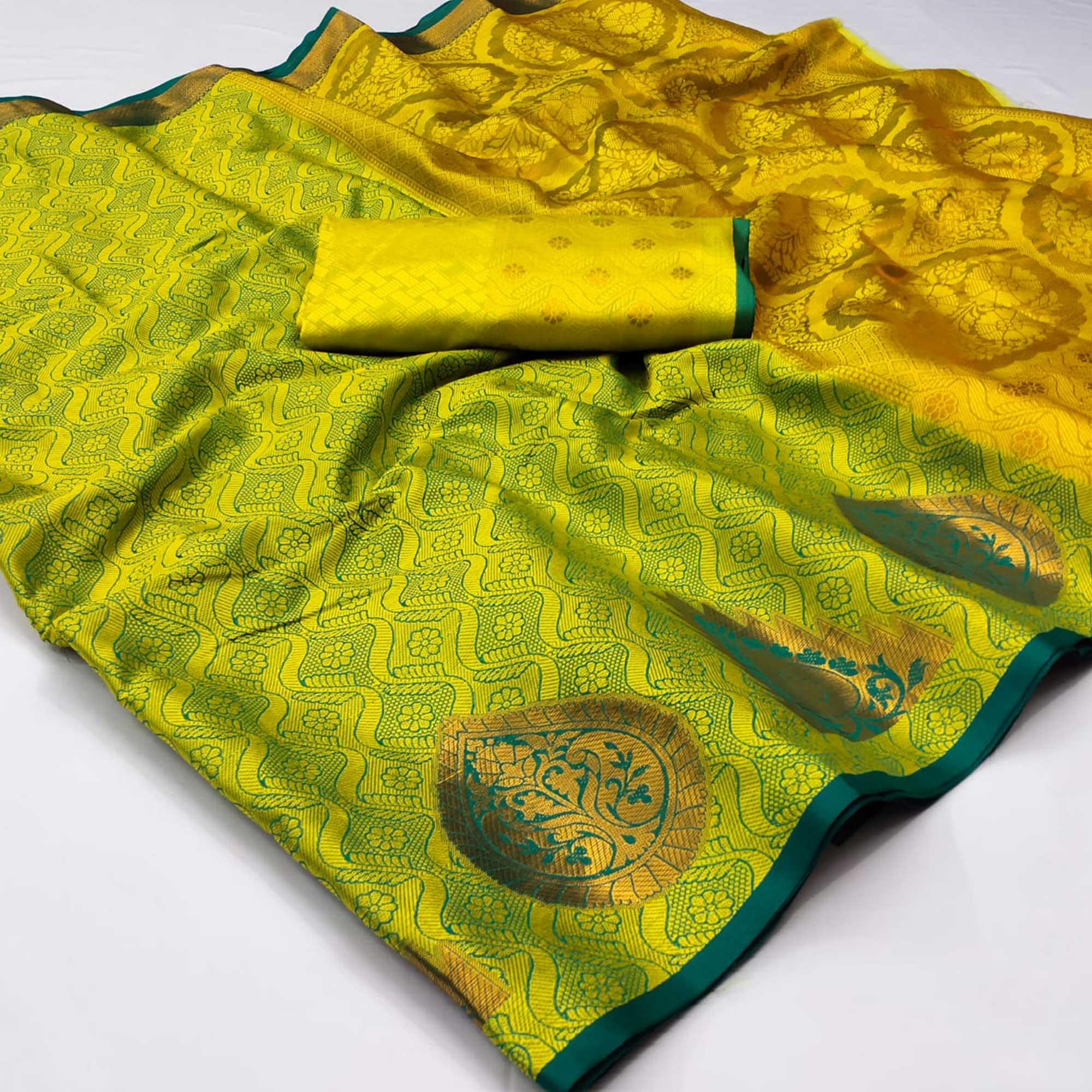 Lemon Green Woven Cotton Silk Saree - Peachmode