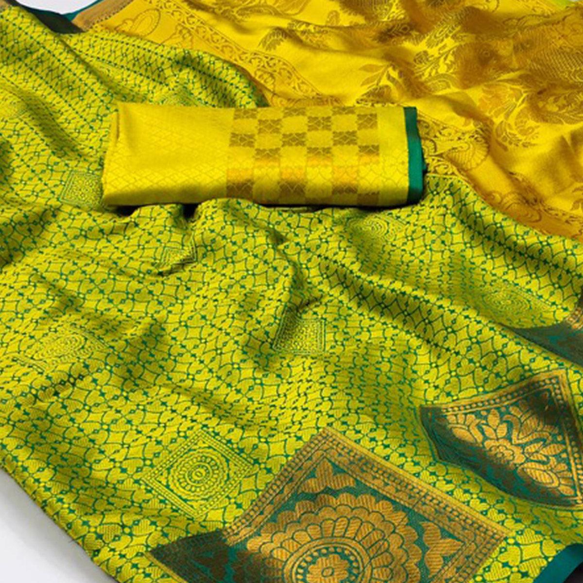 Lemon-Green Woven Cotton Silk Saree - Peachmode