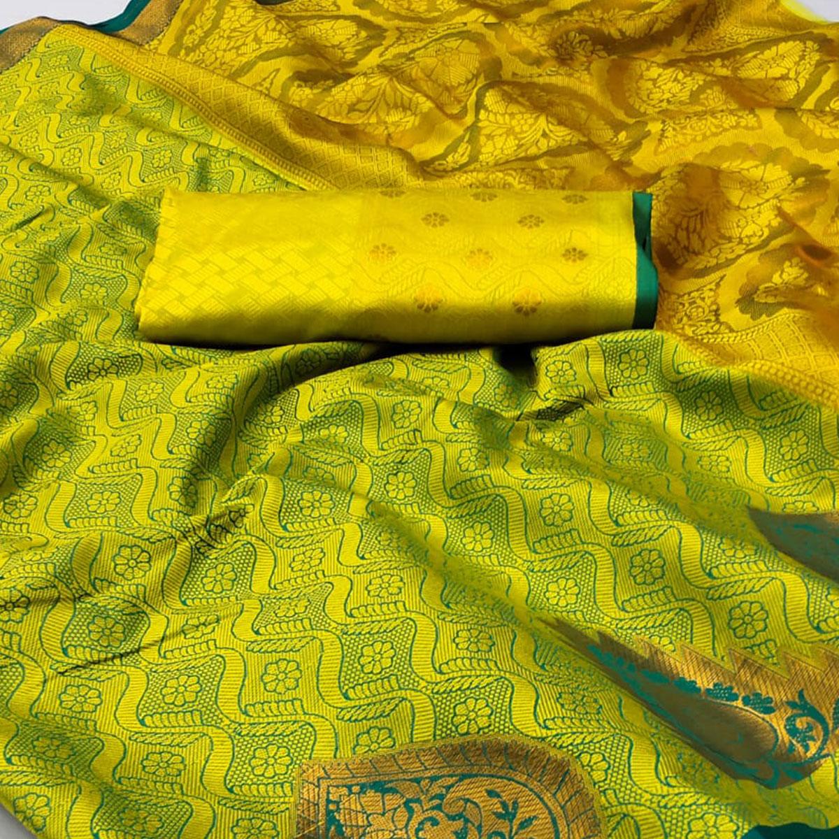 Lemon Green Woven Cotton Silk Saree - Peachmode