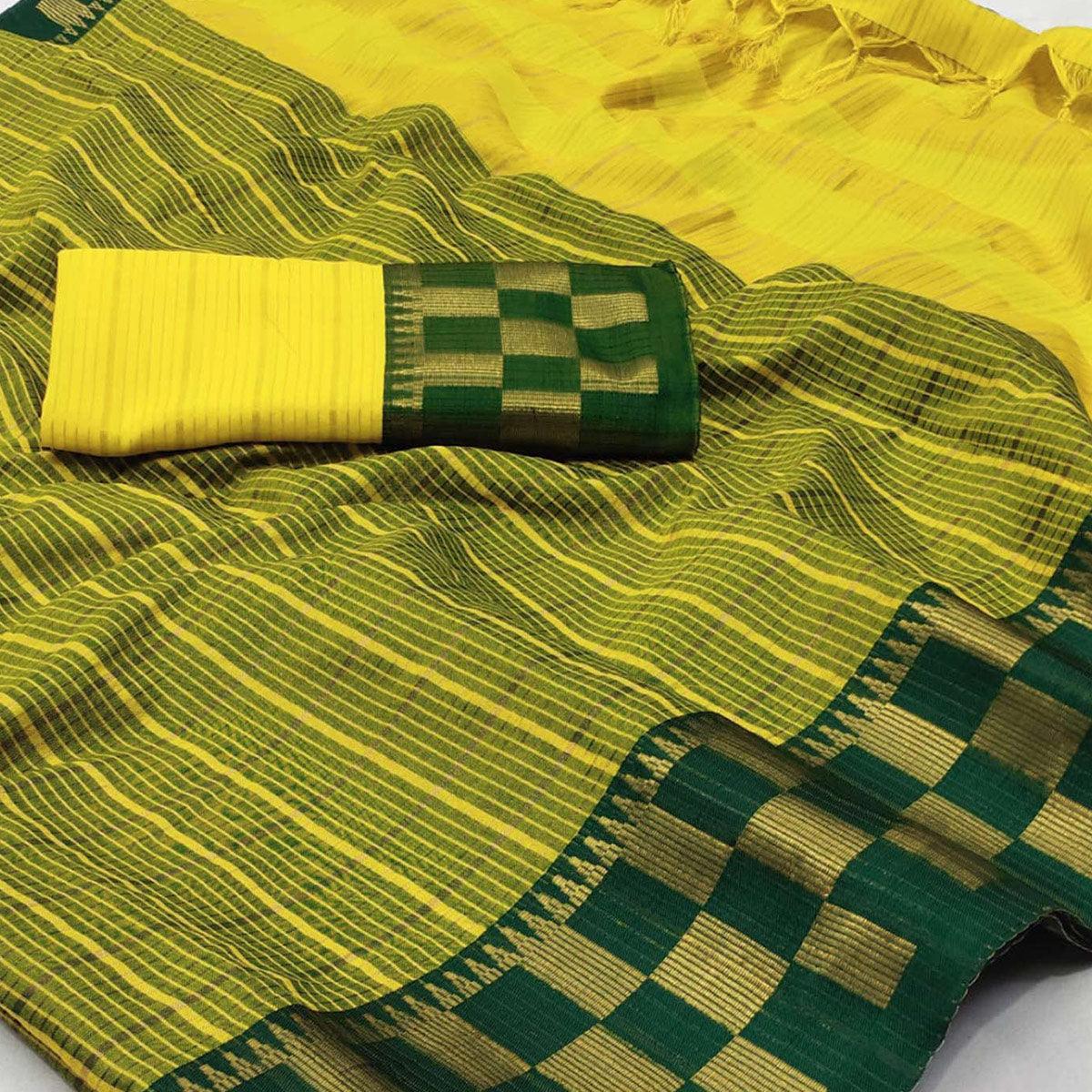 Lemon Green Woven Cotton Silk Saree - Peachmode