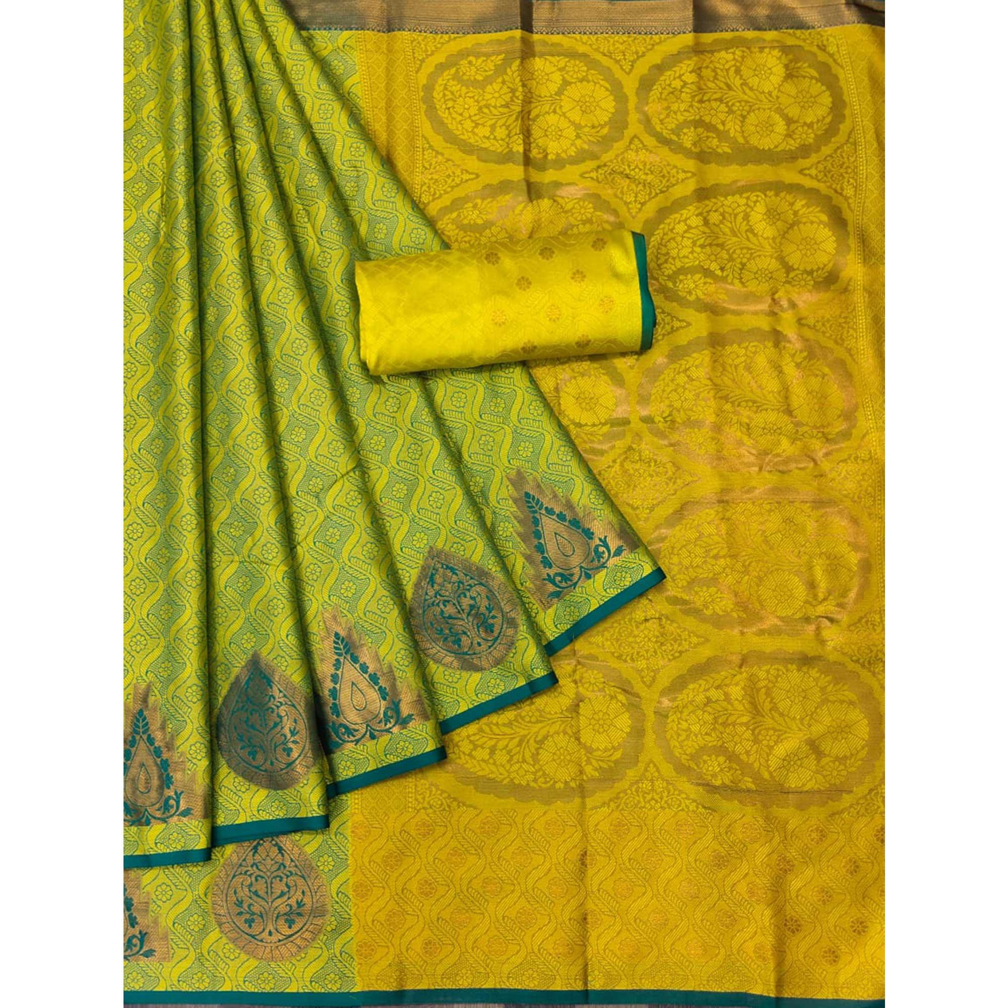 Lemon Green Woven Cotton Silk Saree - Peachmode