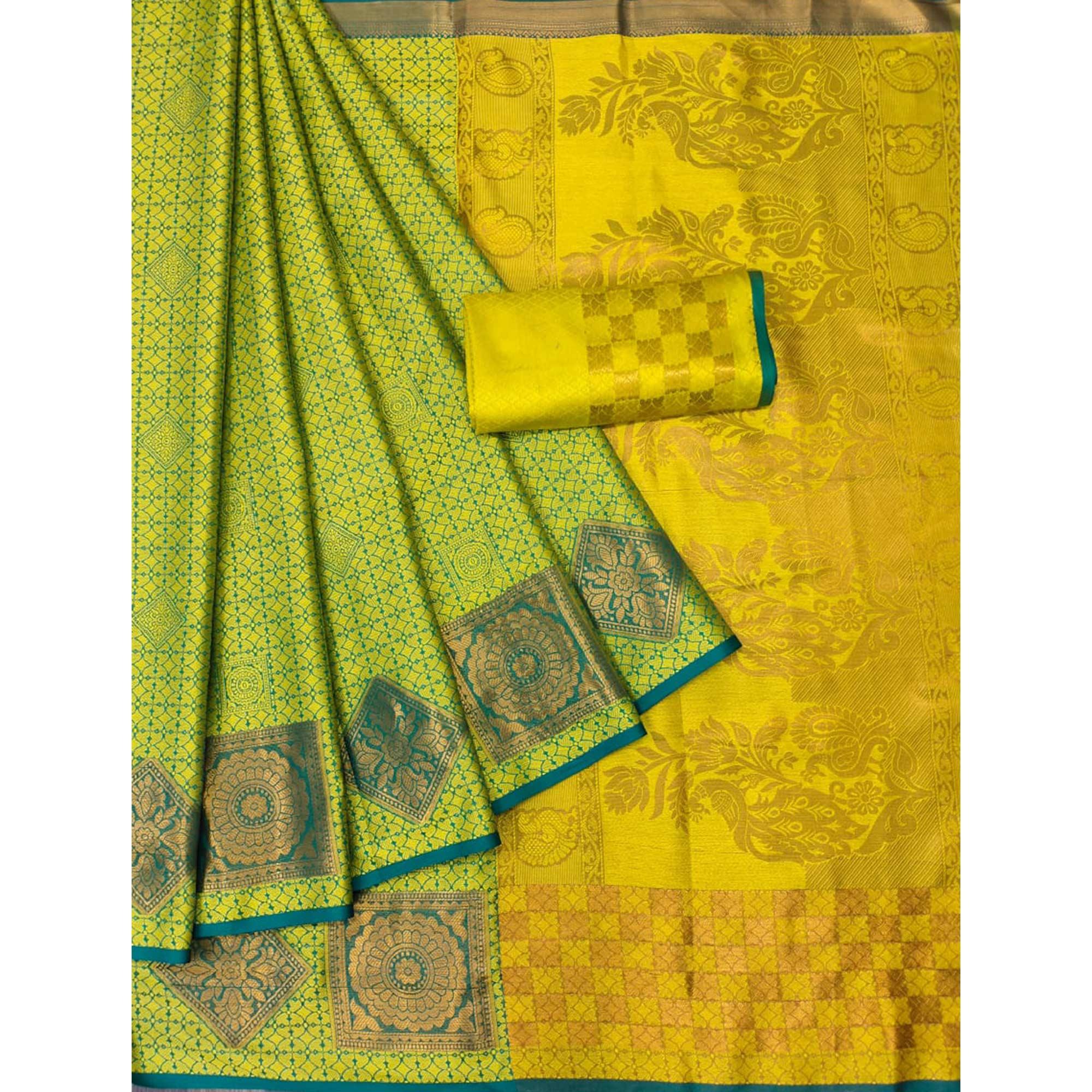 Lemon-Green Woven Cotton Silk Saree - Peachmode