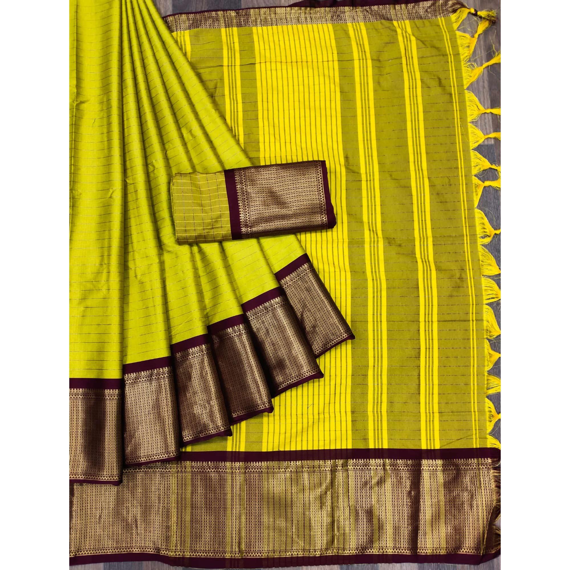 Lemon Green Woven Cotton Silk Saree - Peachmode